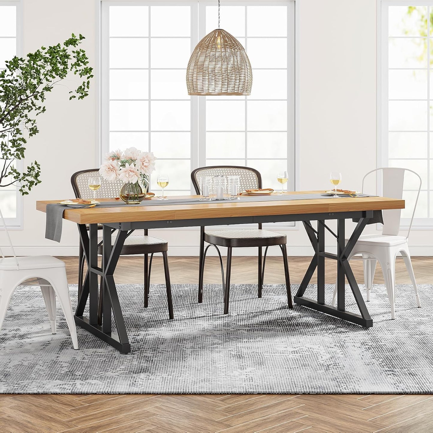 Tribesigns Farmhouse Dining Table for 6 People, 70.8-Inch Rectangular Wood Dining Table, Rustic Kitchen Table with Heavy Duty Metal Legs for Dining Room