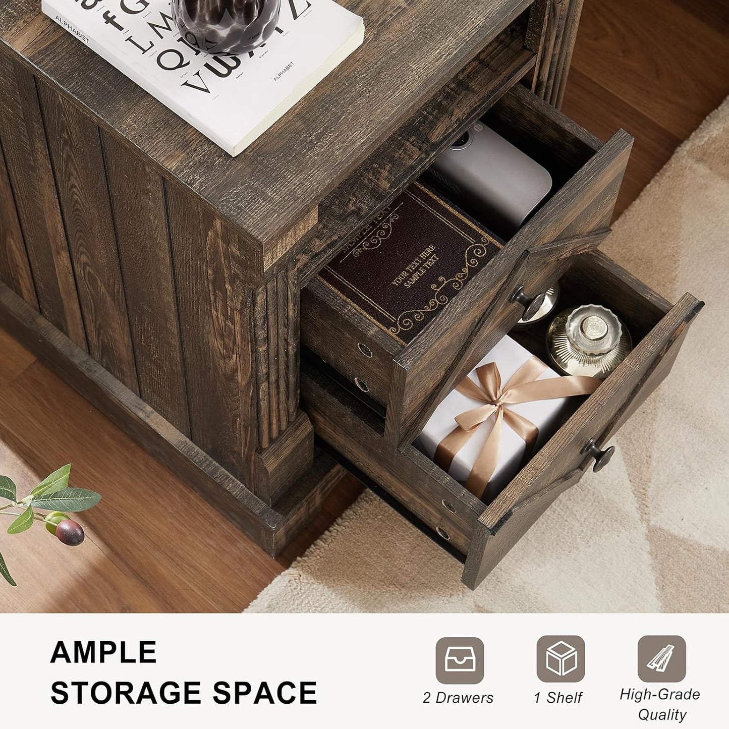 Farmhouse Nightstand with Charging Station, 18" Modern Wood Side Table, 2 Drawers End Table & Roman Column Design for Living Room, Bedside Table with Open Shelf for Bed Room, Dark Rustic Oak