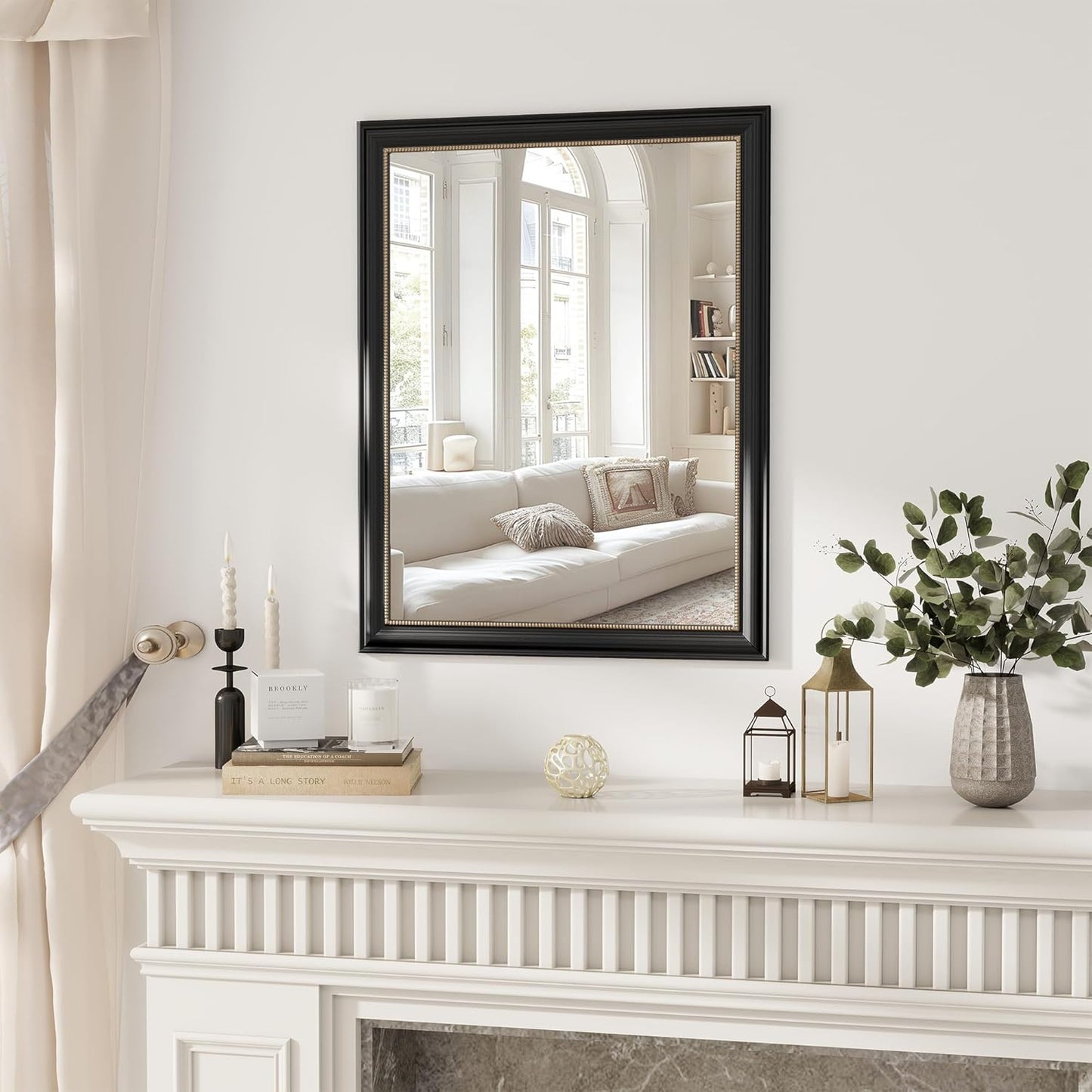 Axeman 28x36 Rectangular Wall Mirror, Decorative Bathroom Mirror, Traditional Vintage Wall Mounted Mirror with Beaded Frame for Accent Living Room Vanity Bedroom Entryway, Black