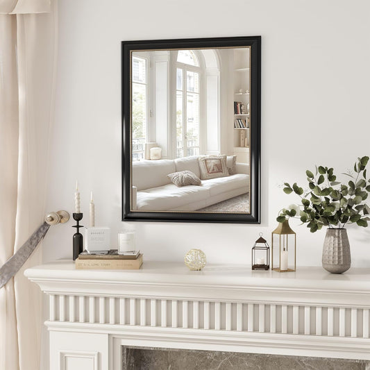 Axeman 28x36 Rectangular Wall Mirror, Decorative Bathroom Mirror, Traditional Vintage Wall Mounted Mirror with Beaded Frame for Accent Living Room Vanity Bedroom Entryway, Black