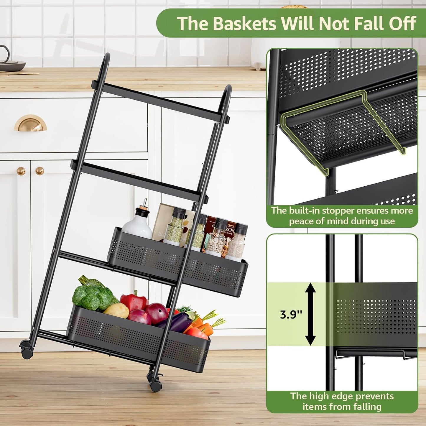 KINGRACK 4-Tier Slim Storage Cart with Pull Out Basket, Rolling Bathroom Organizer Utility, Metal Shelving Unit Slide Out, Lockable Wheels, Easy Assembly for Narrow Place, Kitchen, Laundry Room, Black