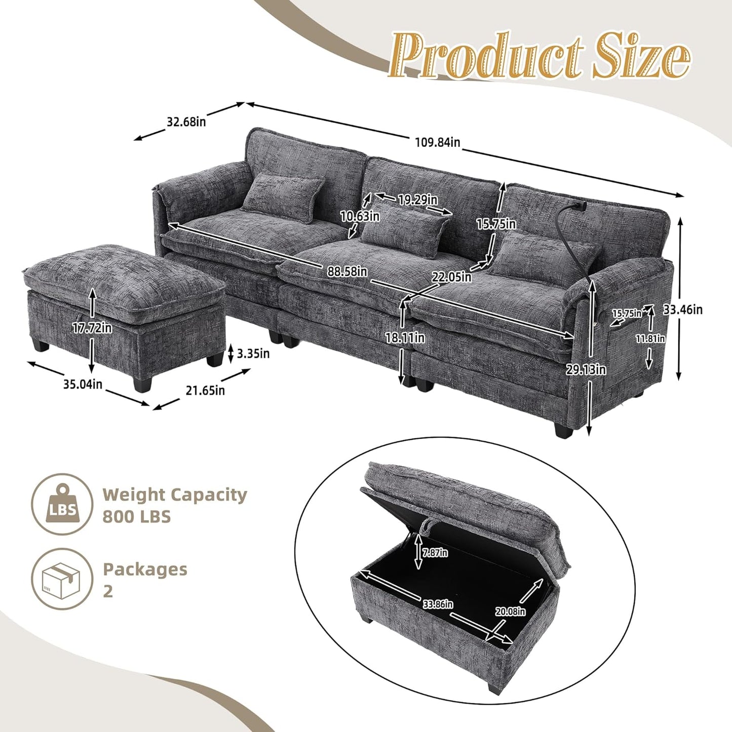 Ball & Cast 109" Oversized Sectional Sofa,Comfy Cloud Couch W/Movable Storage Ottoman,L Shaped Sectional Sofa W/USB Charging Port,Phone Holder&Side Pocke,Chenille Fabric,for Living Room,Gray