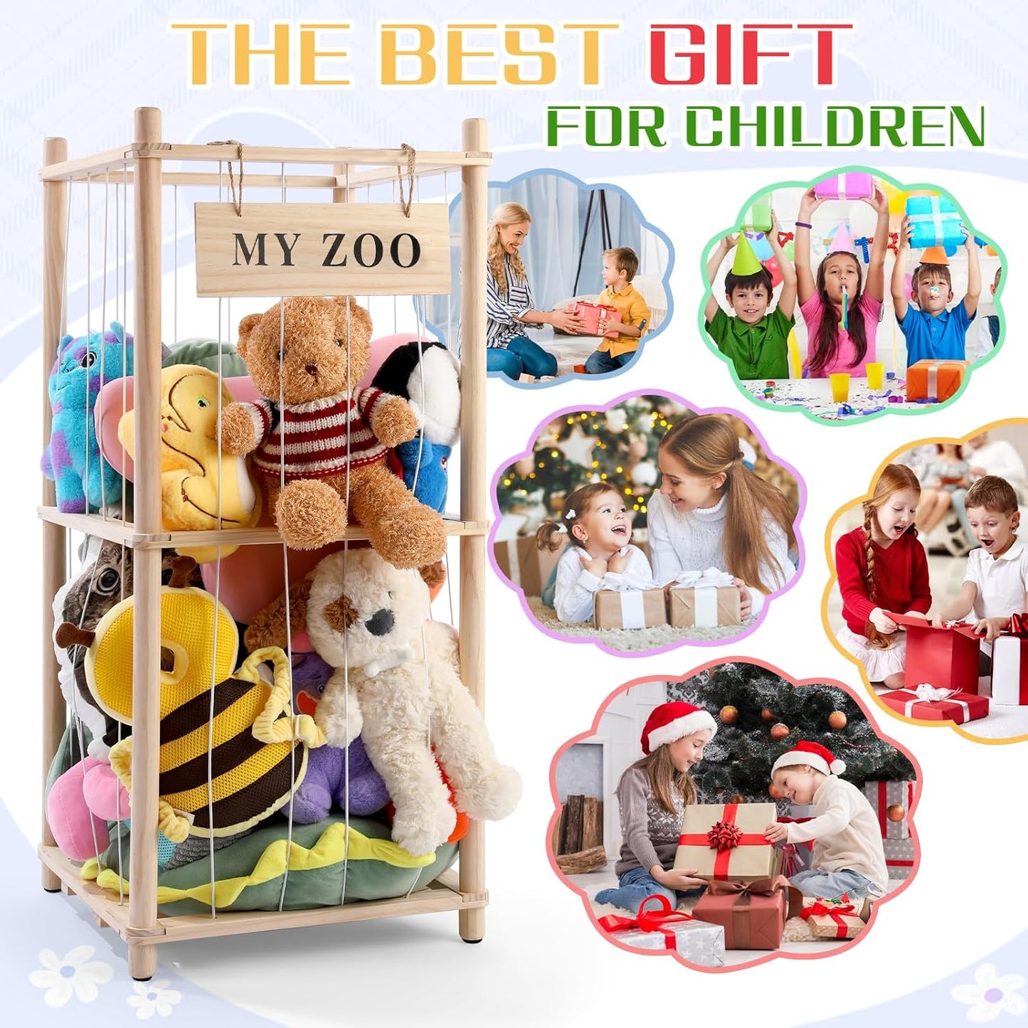 Stuffed Animal Storage Zoo, Wooden Stuffed Animal Organizer with Elastic Cords for Boys Girls, Space Saving Toy Plushies Storage Holder for Playroom, Bedroom, Living Room (Burlywood, Small)