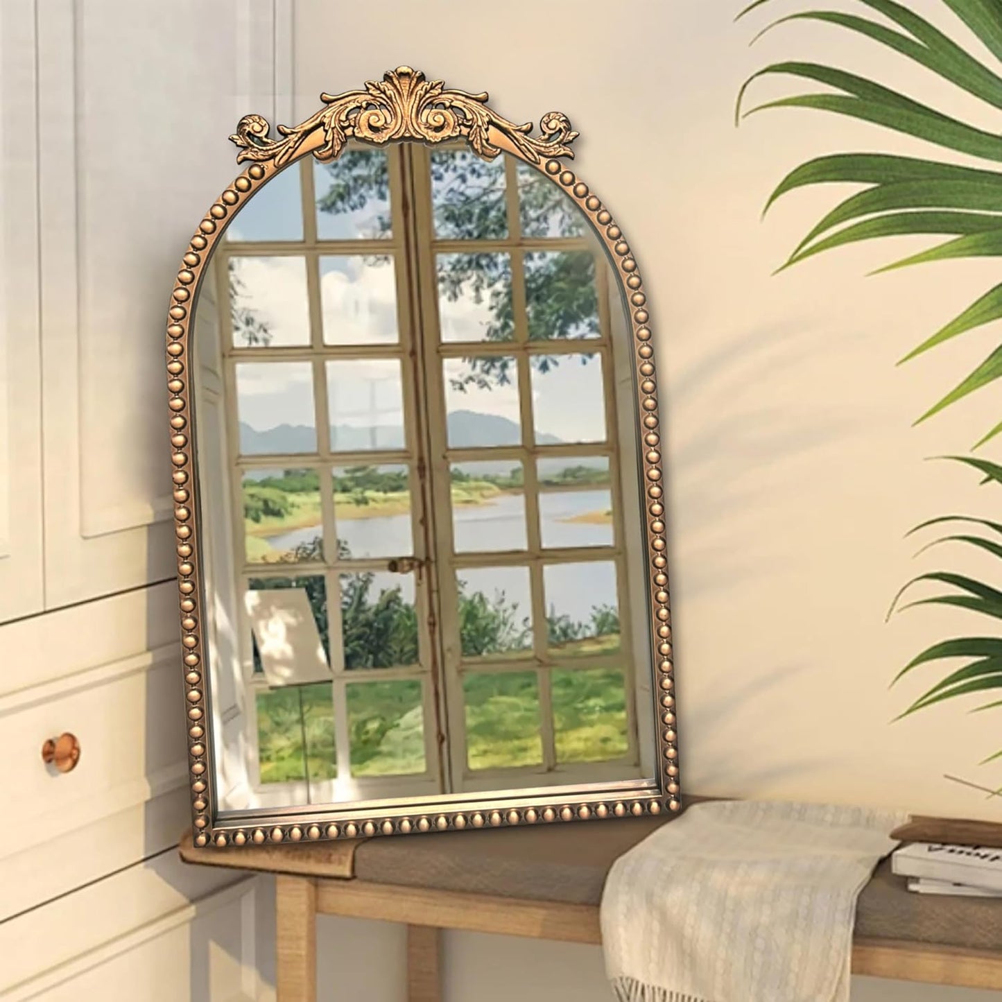 Arendahl Traditional Vintage Arch Mirror, 20" X 30" Baroque Ornate Accent Wall Mirrors Decorative Beaded Frame for Bathroom Sink, Entryway, Bedroom Vanity, Over Mantel Fireplace Wall Decor