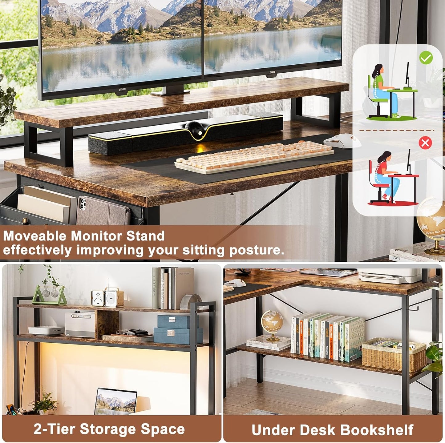 Aheaplus L Shaped Gaming Desk with Power Outlets & LED Lights, Small L-Shaped Desk Computer Corner Desk with Monitor Stand & Storage Shelf, Home Office Desk Writing Desk with Storage Bag, Rustic Brown