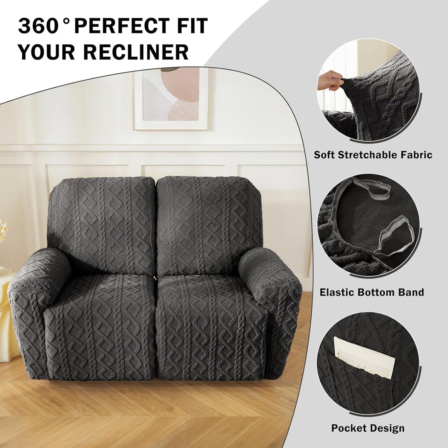 vctops 6 Pieces Geometric Jacquard Plush Recliner Loveseat Slipcovers Soft Fuzzy Fluffy Sofa Couch Cover Anti-Slip Furniture Protector with Elastic Bottom for Kids Cats Dogs(Dark Grey,2 Seat)