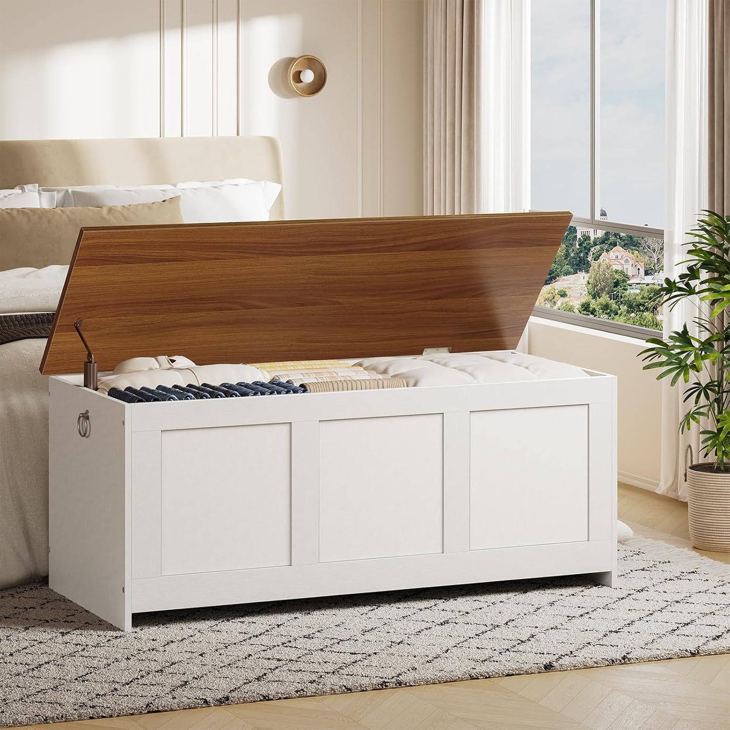 HOOBRO Storage Bench, 43.3" Retro Wooden Storage Chest, Wooden Storage Trunk, Toy Chest with Lift Top, Multifunctional Entryway Organizer, for Entryway, Living Room, White and Walnut WH411CW01