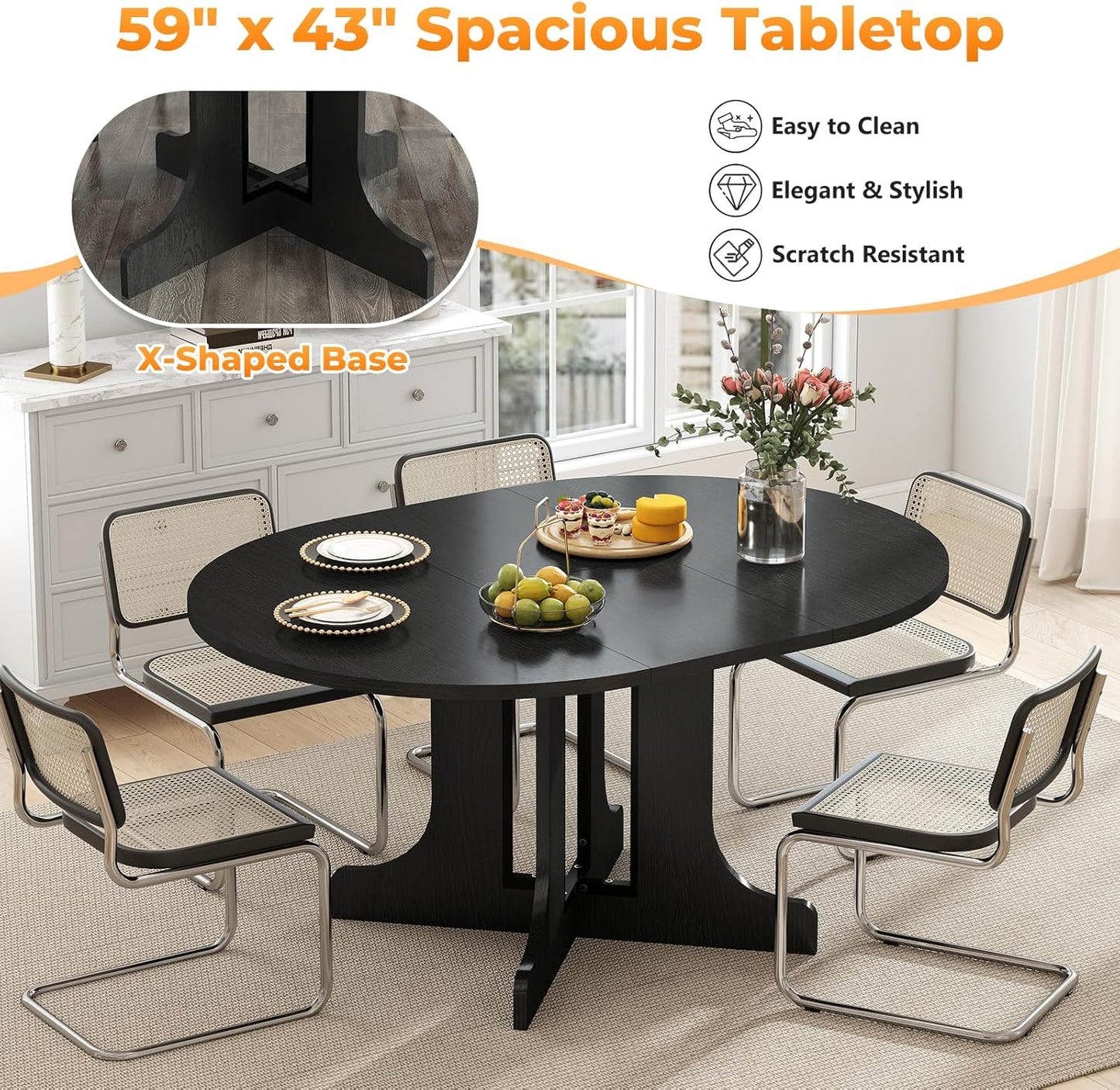 43"-59" Expandable Round Dining Table, Extendable Dining Room Table for 4-6, Oval Tabletop with Removable Leaf, Trestle X-Shaped Base & Metal Track for Dining Room, Living Room-Black