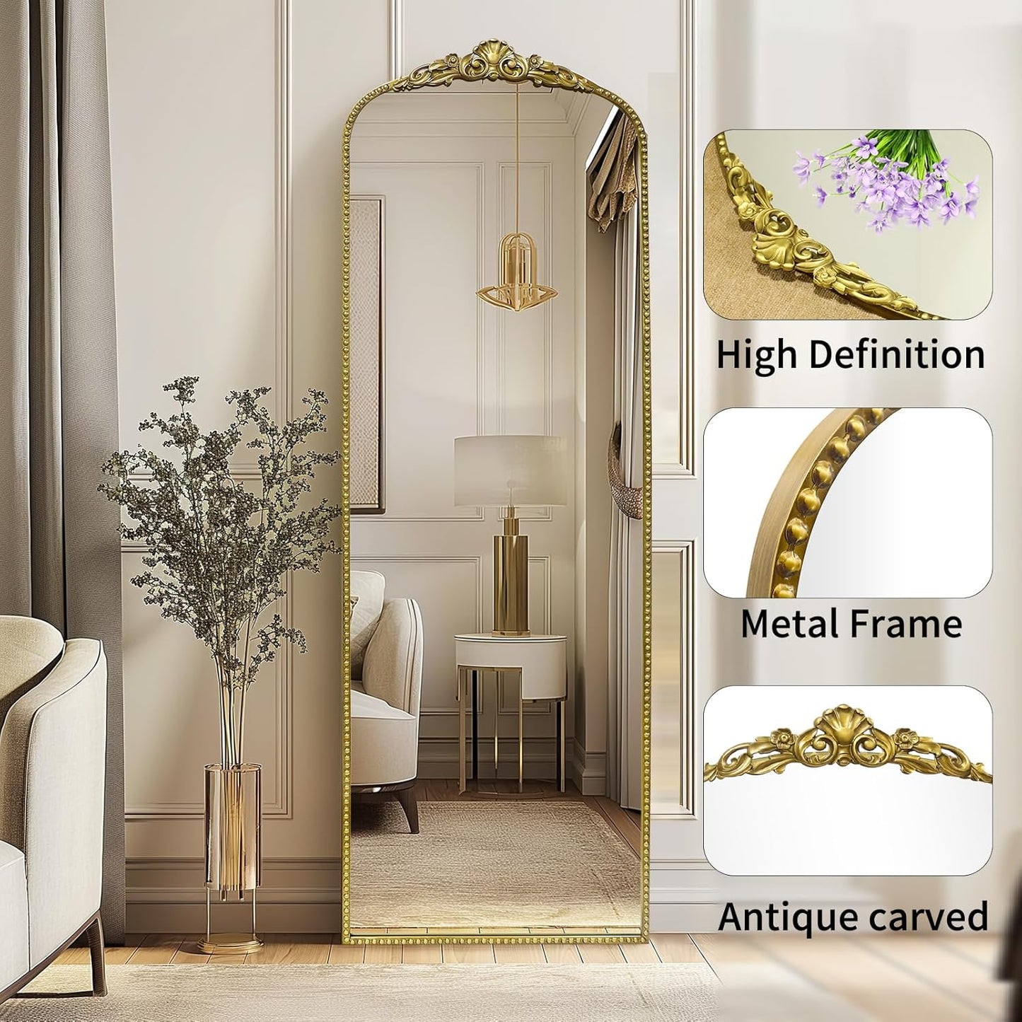 G-LEAF Vintage Full Mirror 22"X65", Victorian Antique Baroque Mirror with Brush Gold Ornate Metal Frame for Fireplace Entryway Living Room Hallway Bathroom