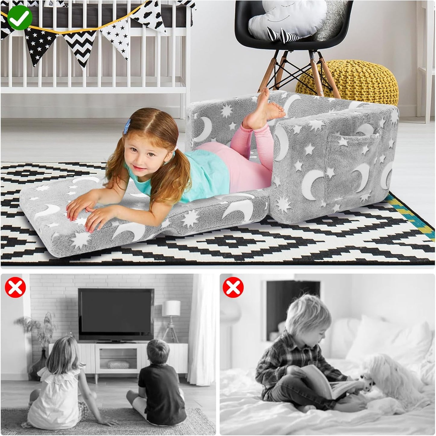 SLIGUY Toddler Couch, Toddler Chair. Kids Couch, Baby Couch, Couch for Kids, Toddler Convertible to Lounger Pull Out Couch, Glow in The Dark Sofa Chair for Boys Medium