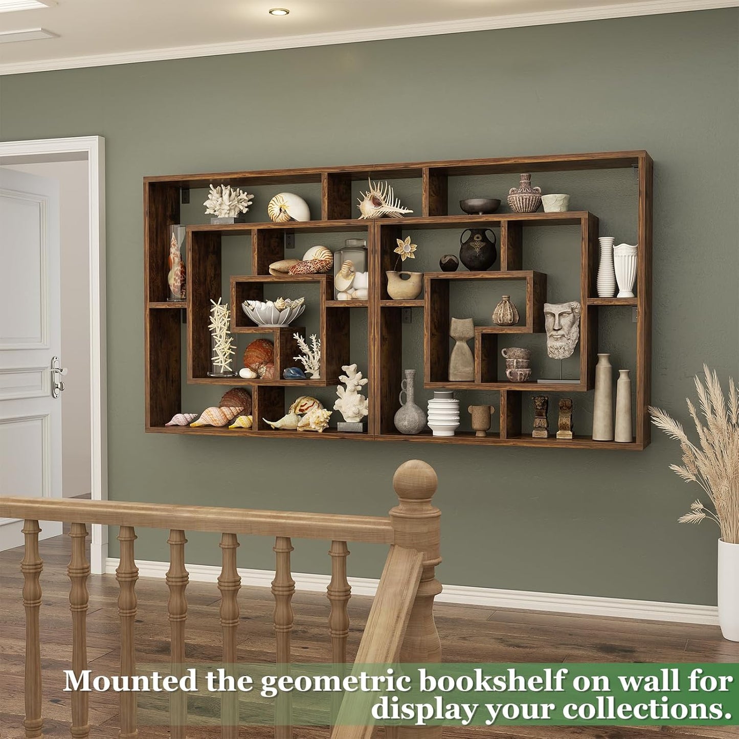 armocity 6 Tier Display Book Shelf Wall Mounted Bookshelf Freestanding Geometric Bookcase Floating Book Shelves for Wall Bedroom Living Room Home Office, 45.5"(W) * 47"(H), Rustic Brown