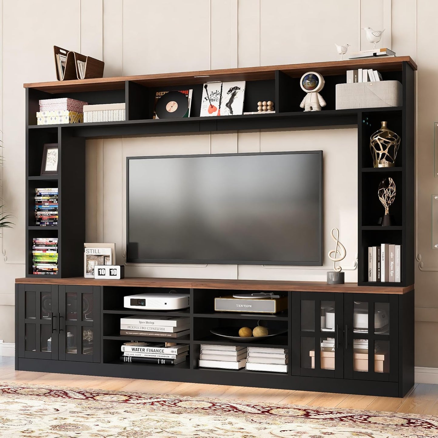 95.5" Wall Unit TV Stand Set with Bookshelves, Entertainment Center for Televisions Up to 80", Large Media Console with Cabinets and Tempered Glass Doors for Living Room