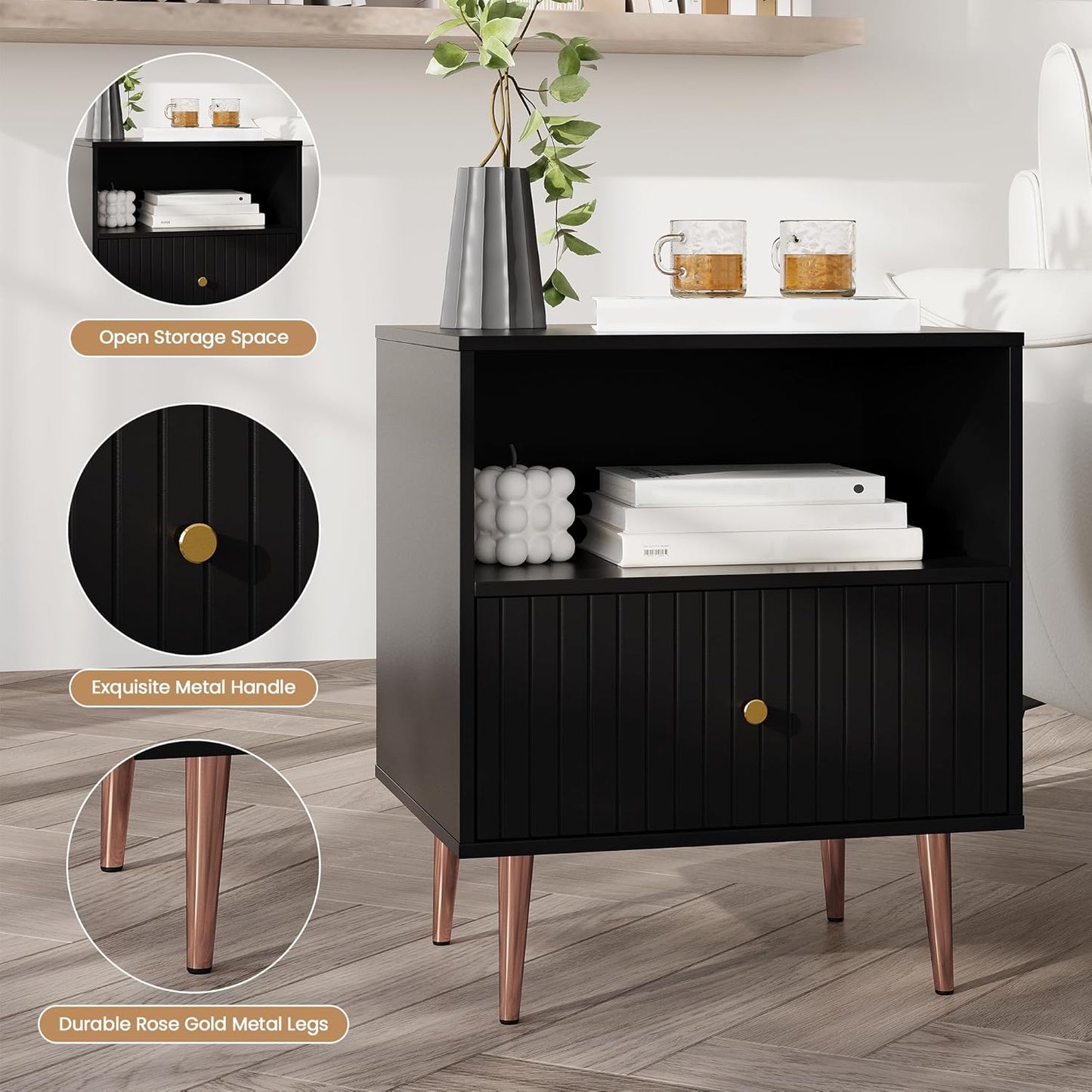 Black Night Stand Set 2,Modern Bedside Table with Door and Open Storage,Fluted Nightstand and Wood End Side Table with Rose Gold Metal Legs and Handles for Bedroom,Living Room,Black