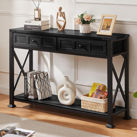 HOMBAZAAR Entryway Table,Rustic Console Table with 2 Drawers, Industrial Console Tables with Storage for Entryway, Hallway, Living Room,Black,47 Inch
