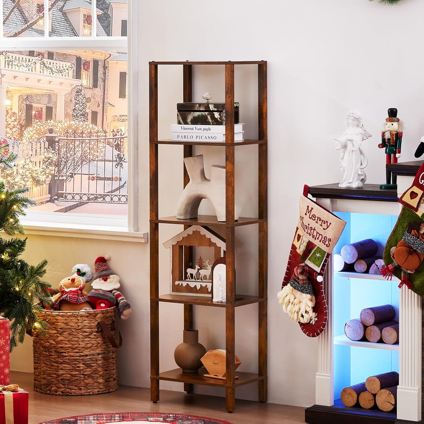 54in Tall Bookshelf 5-Tier Small Narrow Bookcase, Skinny Book Shelf for Small Space, Farmhouse Slim Shelf with Storage, Wood Freestanding Display Thin Bookshelves for Living Room, Office, Brown