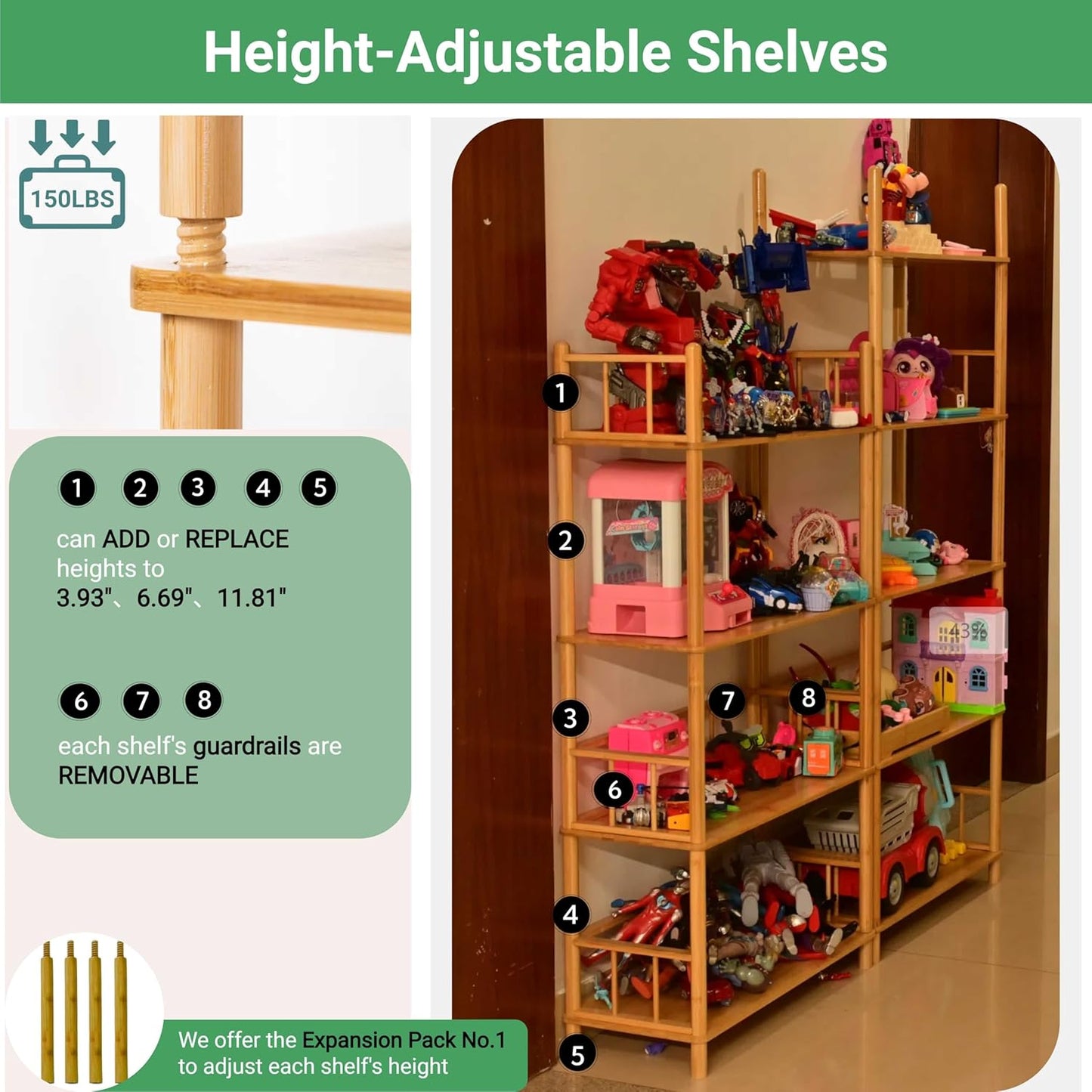 GOGOGO Bamboo Bookshelf -Tool-Free Assembly, Modular, Eco-Friendly Wooden Bookcase, Height Extendable(Natural, 11.8" H(3 Tier))