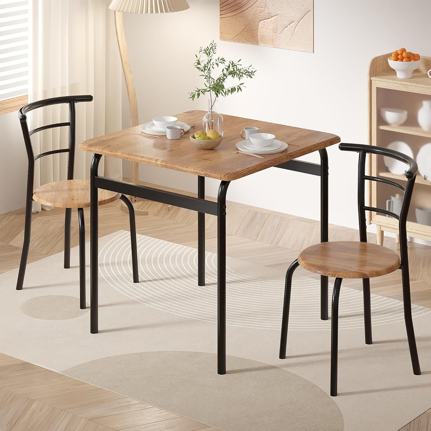 VECELO 3 Piece Dining Table & Chairs Set for 2, Metal and Wooden Square Kitchen Dinette Set for Small Space, Breakfast Nook, Saving Space, Brown