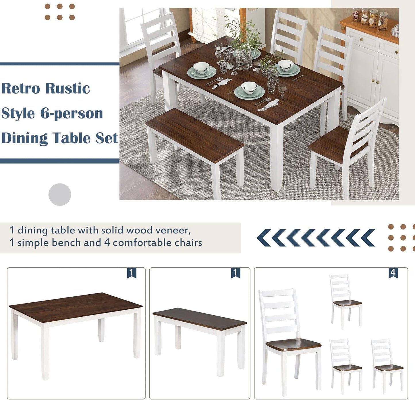 6 Pieces Dining Table Set with 1 Bench & 4 Ergonomic Designed Chairs,Wooden Living Room Furniture W/ 60" Rectangle Kitchen Desk,for Restaurant,Home Bistro,Walnut+Cottage White