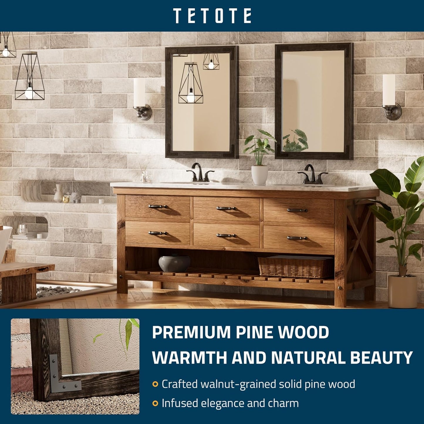 TETOTE 22 x 30 Black Wooden Mirror for Bathroom Wall/Bedroom/Living Room/Entryway Farmhouse Rustic Bathroom Vanity Mirror for Wall Waterproof (Horizontal/Vertical Mounted)