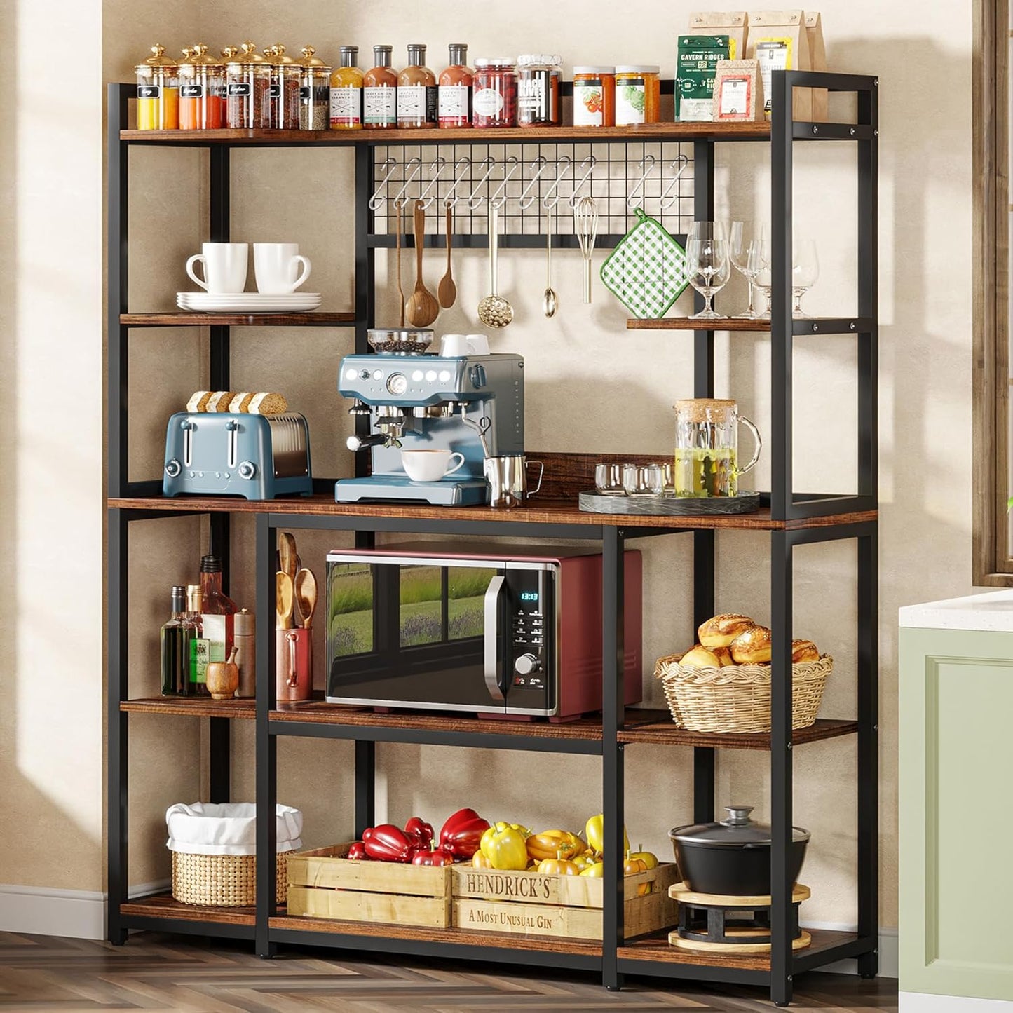 Tribesigns Large Bakers Rack, 55" Wide Kitchen Hutch Cabinet Microwave Stand with 11 Hooks, 5-Tier Baker’s Rack Kitchen Storage Shelf with Hutch, Rustic Brown