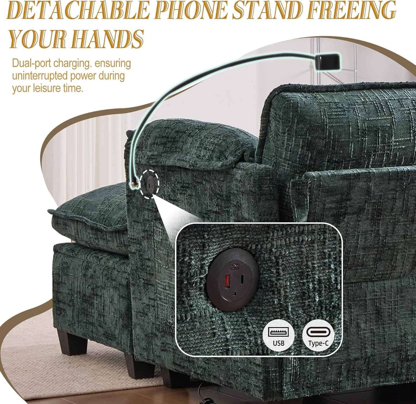 Ball & Cast Modular Sectional Sofa,Comfy Cloud Couch with Movable Storage Ottoman,L Shaped Sectional Sofa W/USB Charging Port,Phone Holder and Side Pocket,Chenille Fabric,for Living Room,Emerald,109"