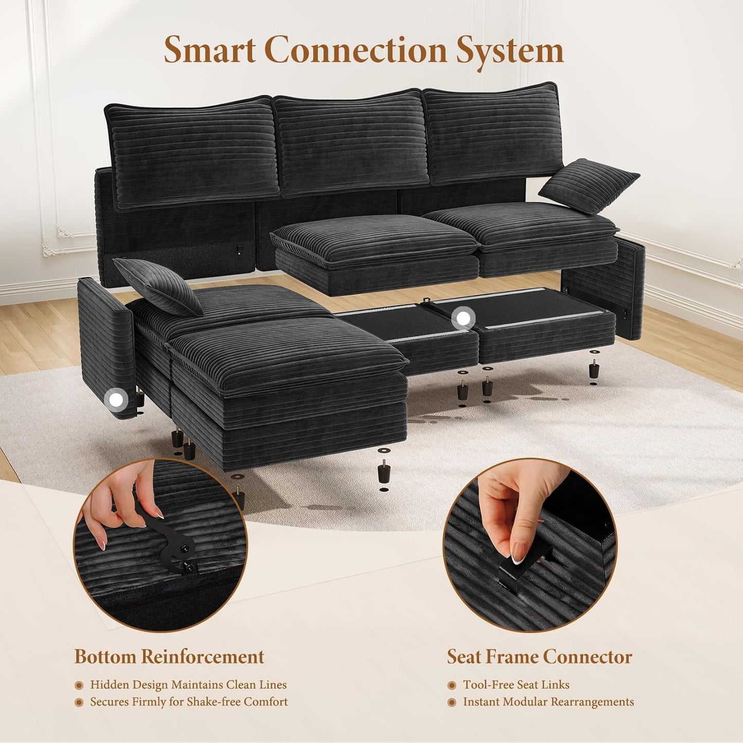 Vesgantti 142" U Shaped Sectional Couch, Comfy Cloud Modular Sectional Sofa with 2 Ottoman Deep Seat Corduroy Modern Cloud Sofa, Modular Sofas for Living Room, Bedroom and Apartment, Gray