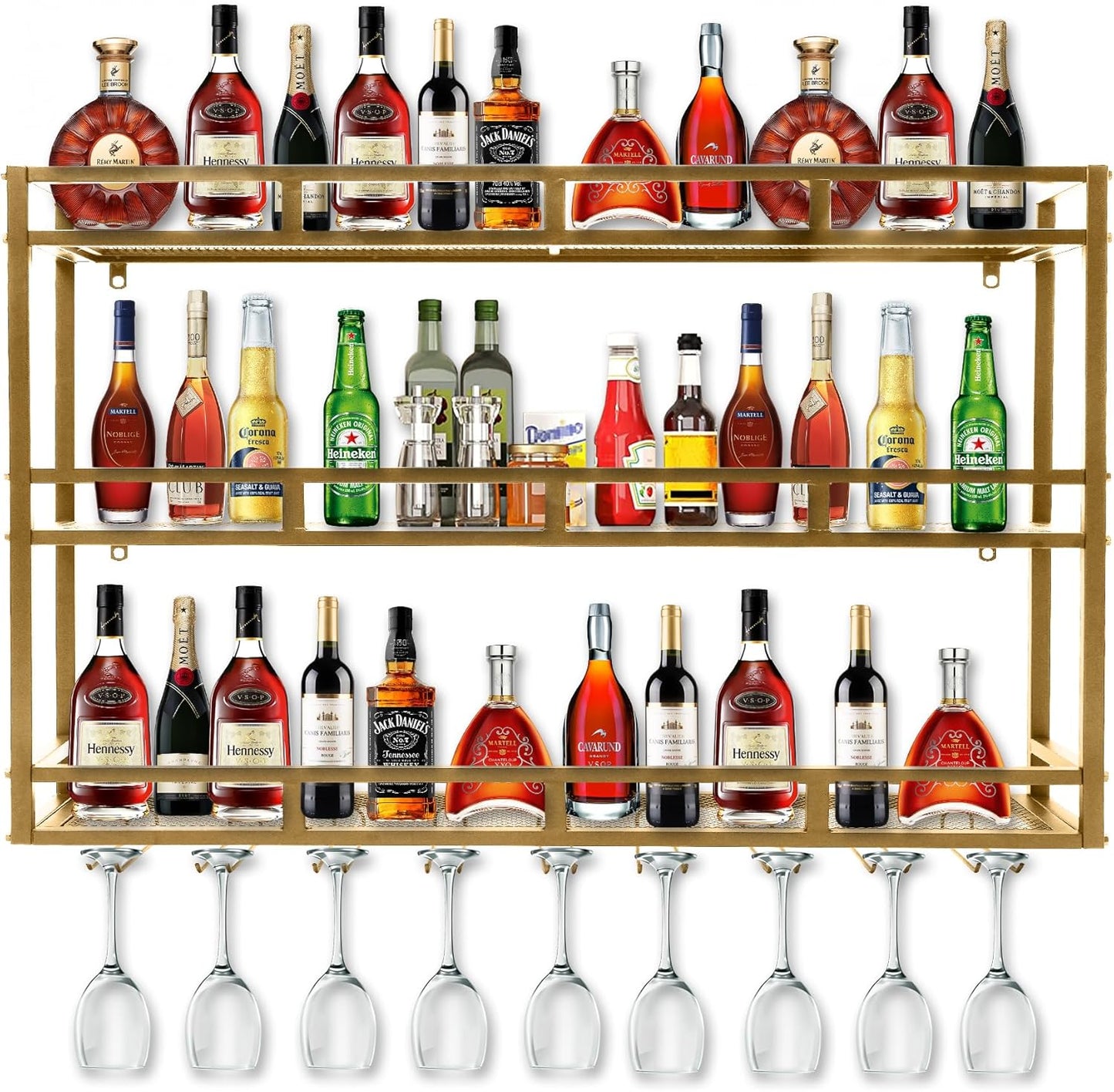 Metal Wine Rack Wall Mounted, Bar Shelves for Liquor Bottles with LED Light, 3 Tier Large Capacity Liquor Rack Wall Mounted with Glass Holder for Home Bar & Dining Room （Gold, 59in/150cm）