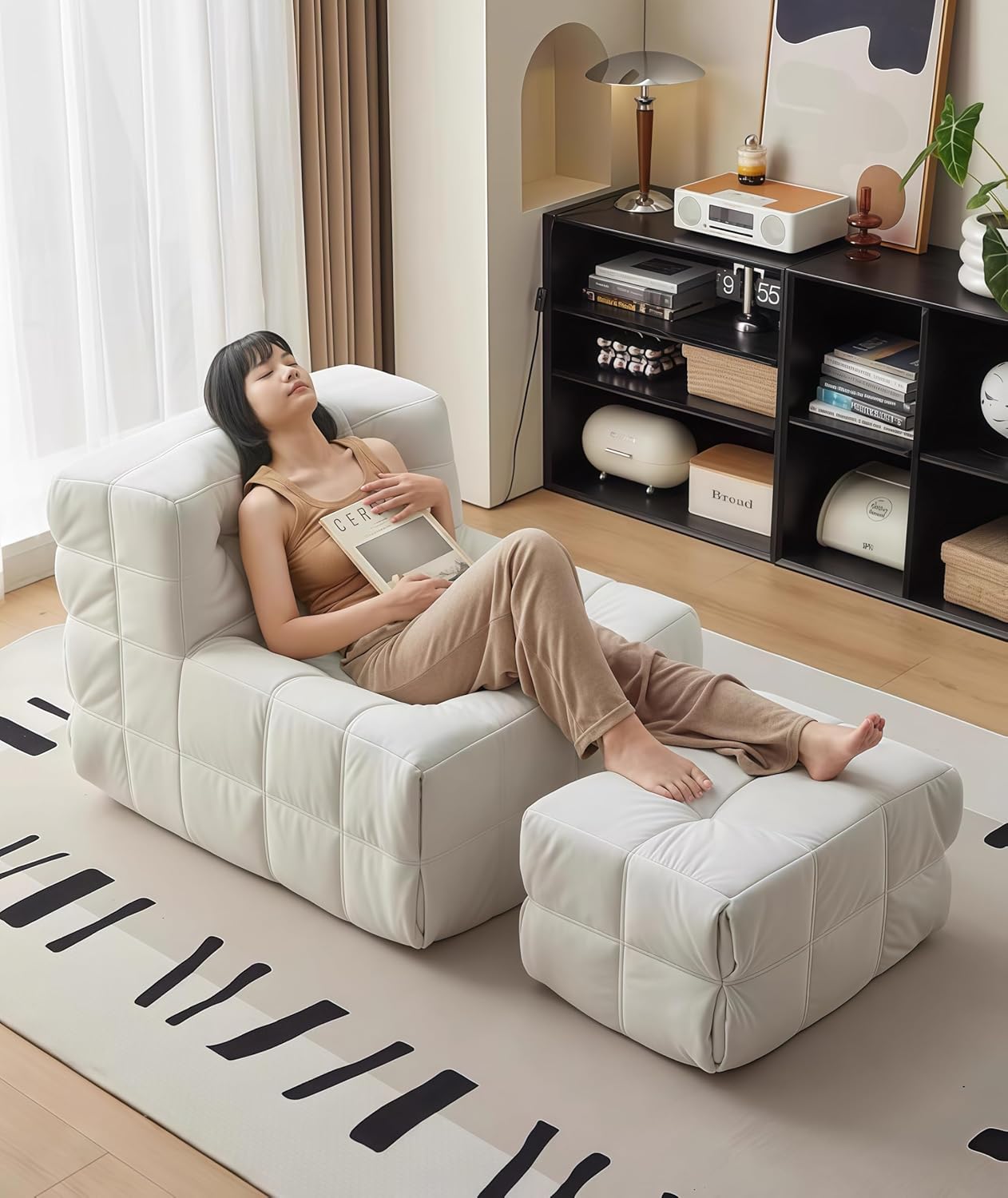 Bean Bag Chair - Memory Foam Bean Bag Chair for Adults, Comfy High-Resilience Single Sofa, Small Space Floor Chair, Chaise Lounge for Living Room, Bedroom (Beige, Square + Ottoman)