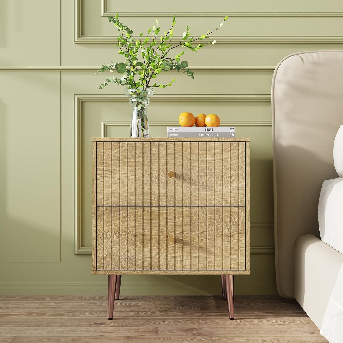 Black Night Stand Set 2,Fluted Nightstand with Door and Open Storage Space,Modern Bedside Table and Wood End Side Table with Golden Metal Legs and Handles for Bedroom,Black (Wood, 2 Drawers)