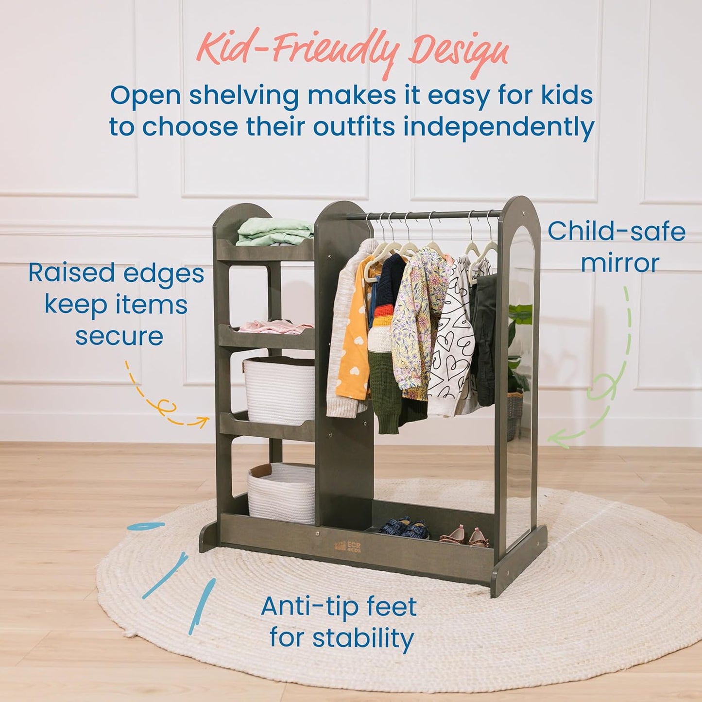 ECR4Kids Dress Up Center with Mirror, Costume Organizer, Grey Wash