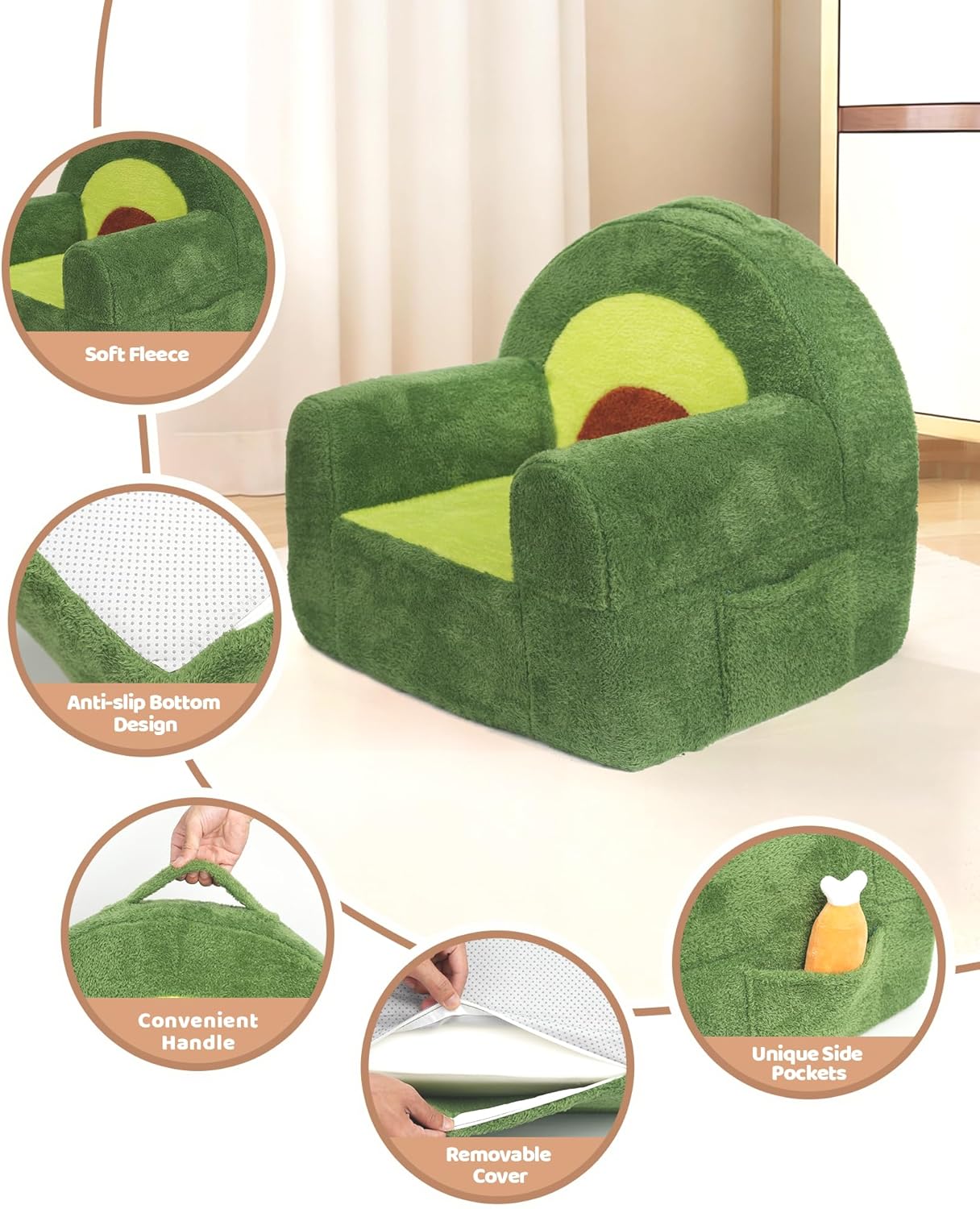 Toddler Chair, Comfy Foam Kids Couch with Soft Velvet Cover, Toddler Couch with Cute Avocado Design for Gaming and Studying, Kids Sofa for Boys and Girls