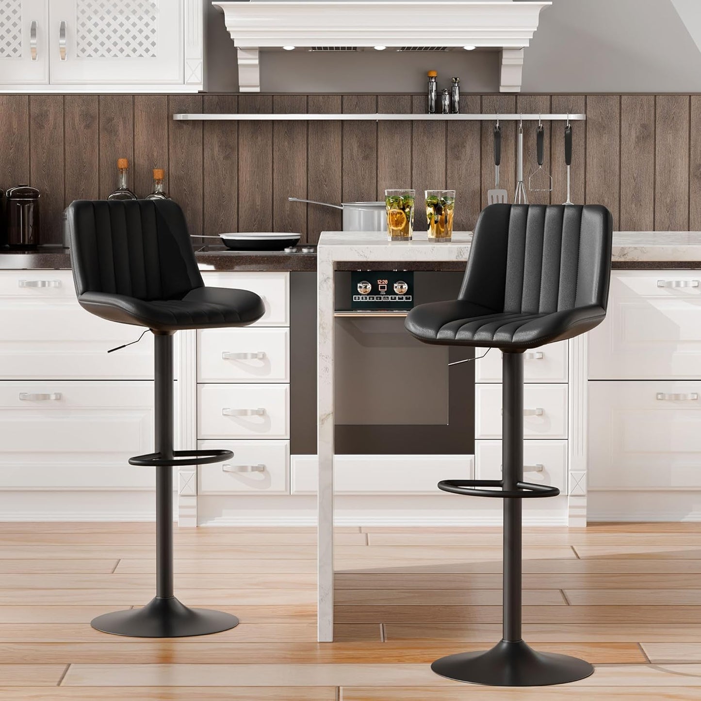 Shintenchi Swivel Bar Stools Set of 2, Adjustable Faux Leather Upholstered Swivel Counter Stools, Armless Bar Height Island Chairs with Back and Footrest, Black
