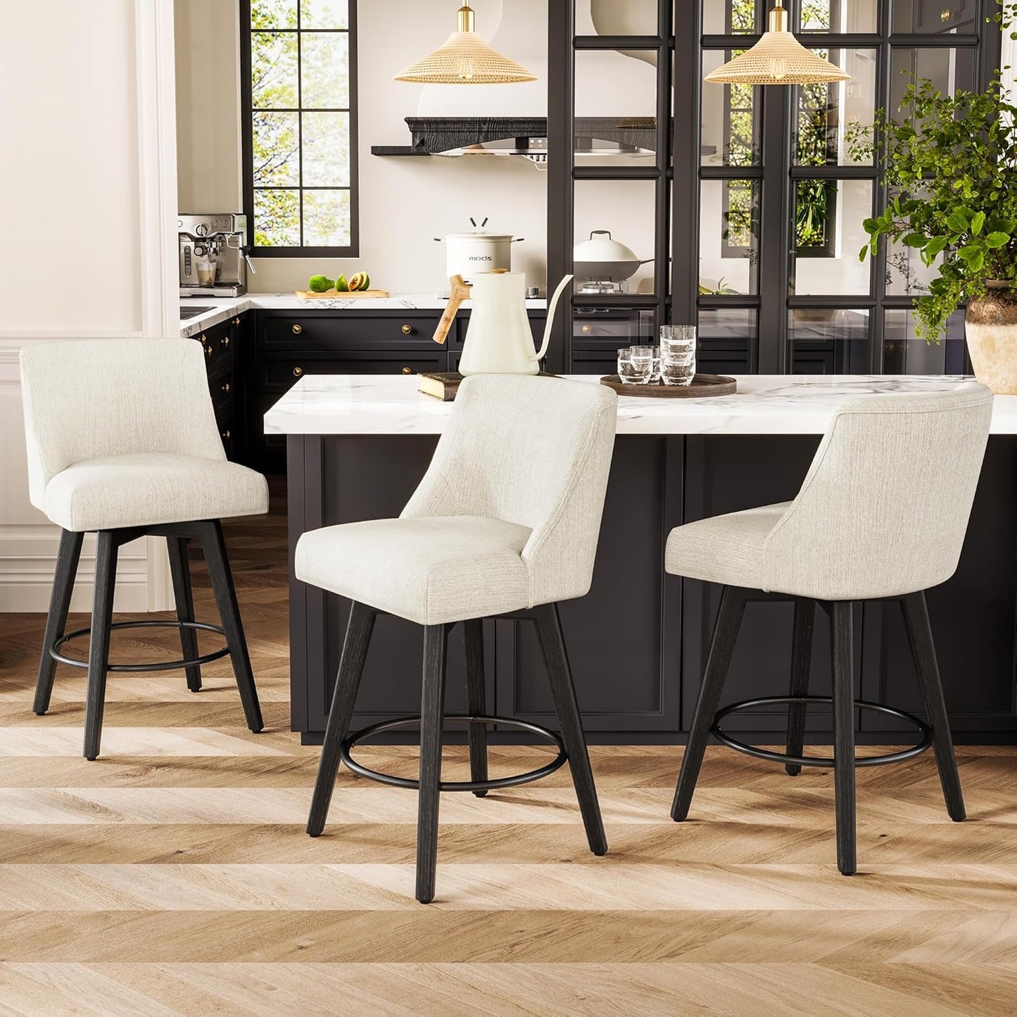 Counter Height Bar Stools Set of 3, Modern Swivel Barstools with Back and Wood Legs, Linen Fabric Upholstered Bar Chairs, 26" H Kitchen Counter Stools, Kitchen Island Home Bar, Ivory