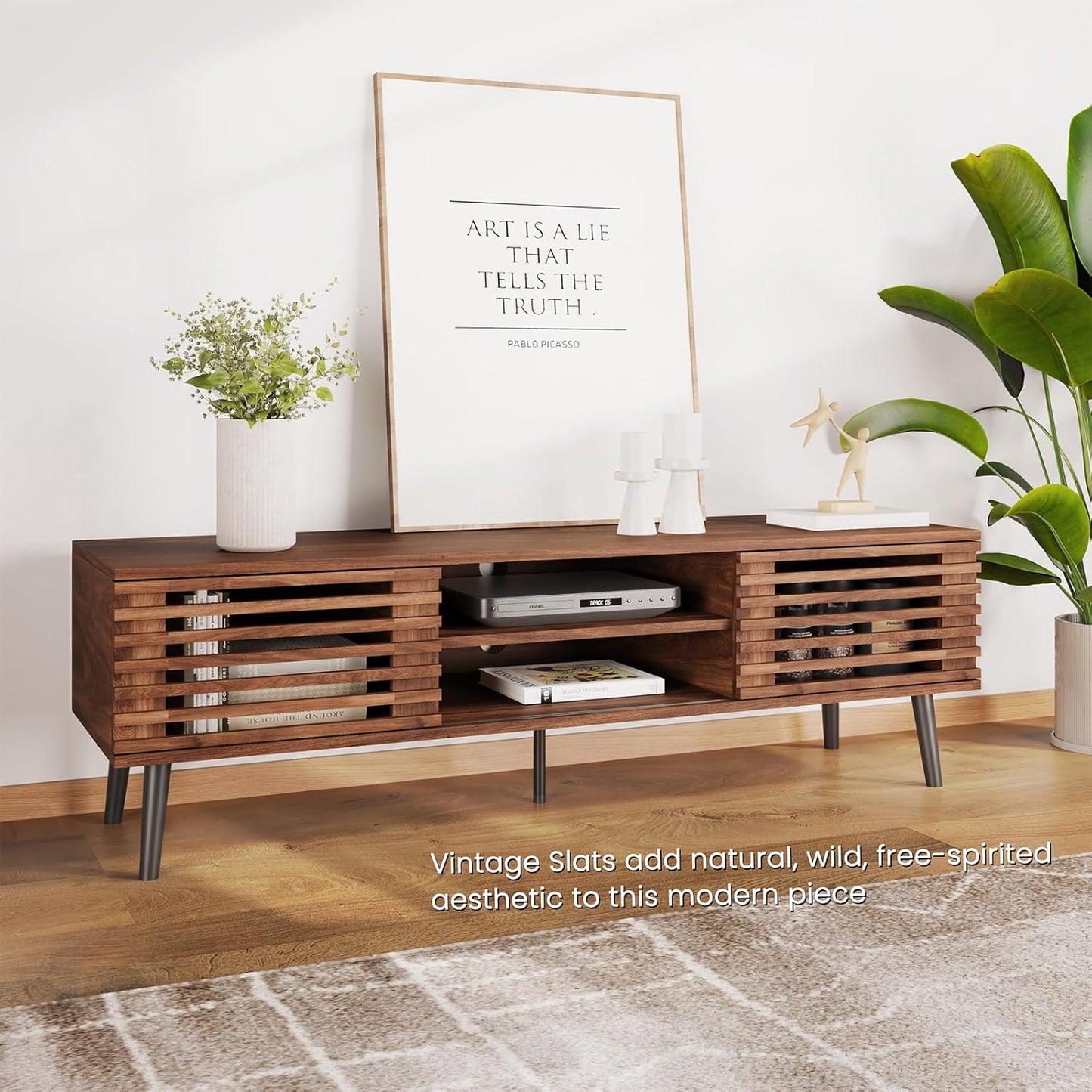 HAIOOU Mid Century Modern TV Stand, 52" Wooden TV Console with Slatted Sliding Doors and Storage for 50/55/60 Inch TV, Small Entertainment Center Media Console Cabinet for Living Room - Walnut Brown