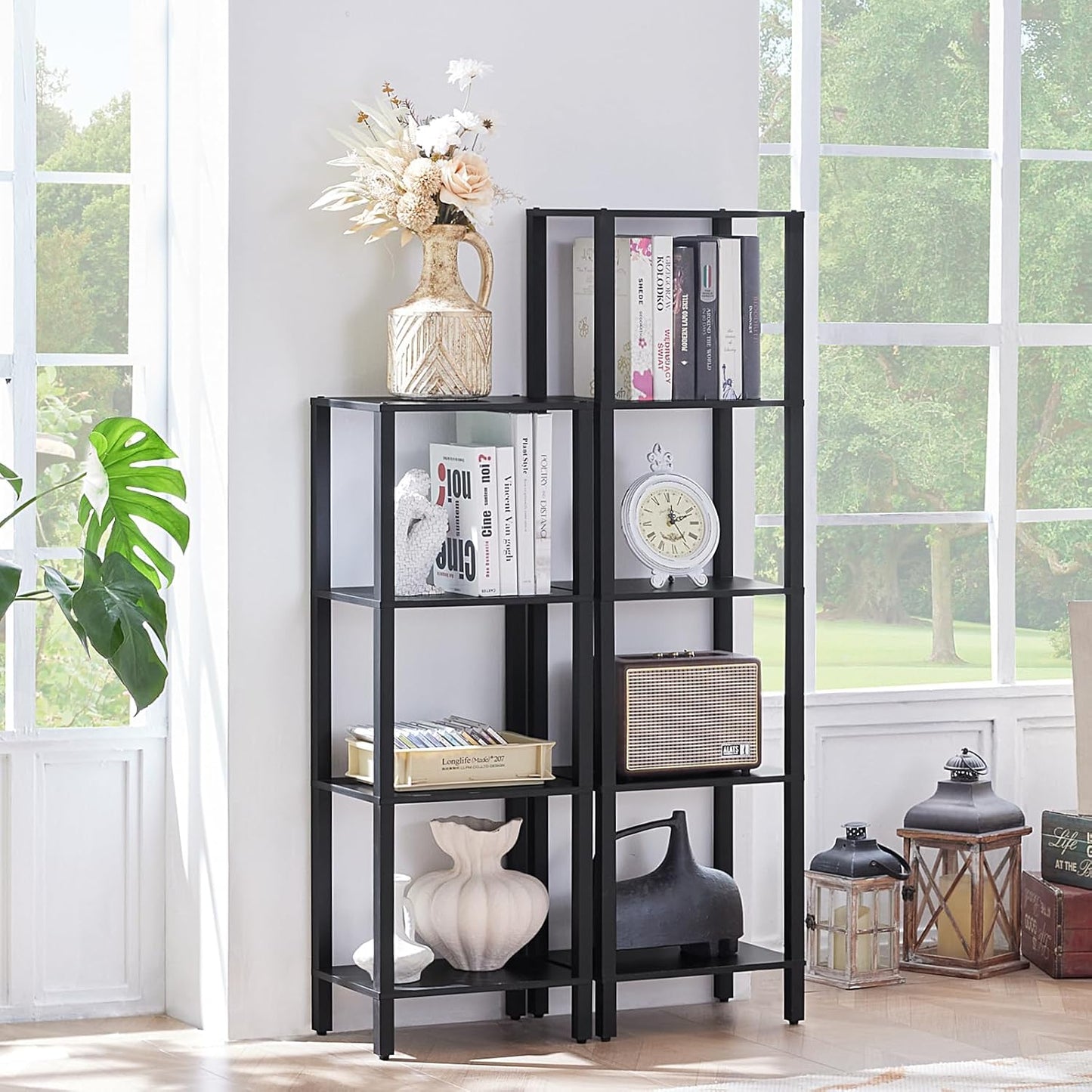 4 Tier Tall Wooden Bookshelf with Storage - Small Bookcase for Small Spaces, Shelf for Living Room, Office, Bedroom, Kitchen - Industrial Modern Black Book Shelf