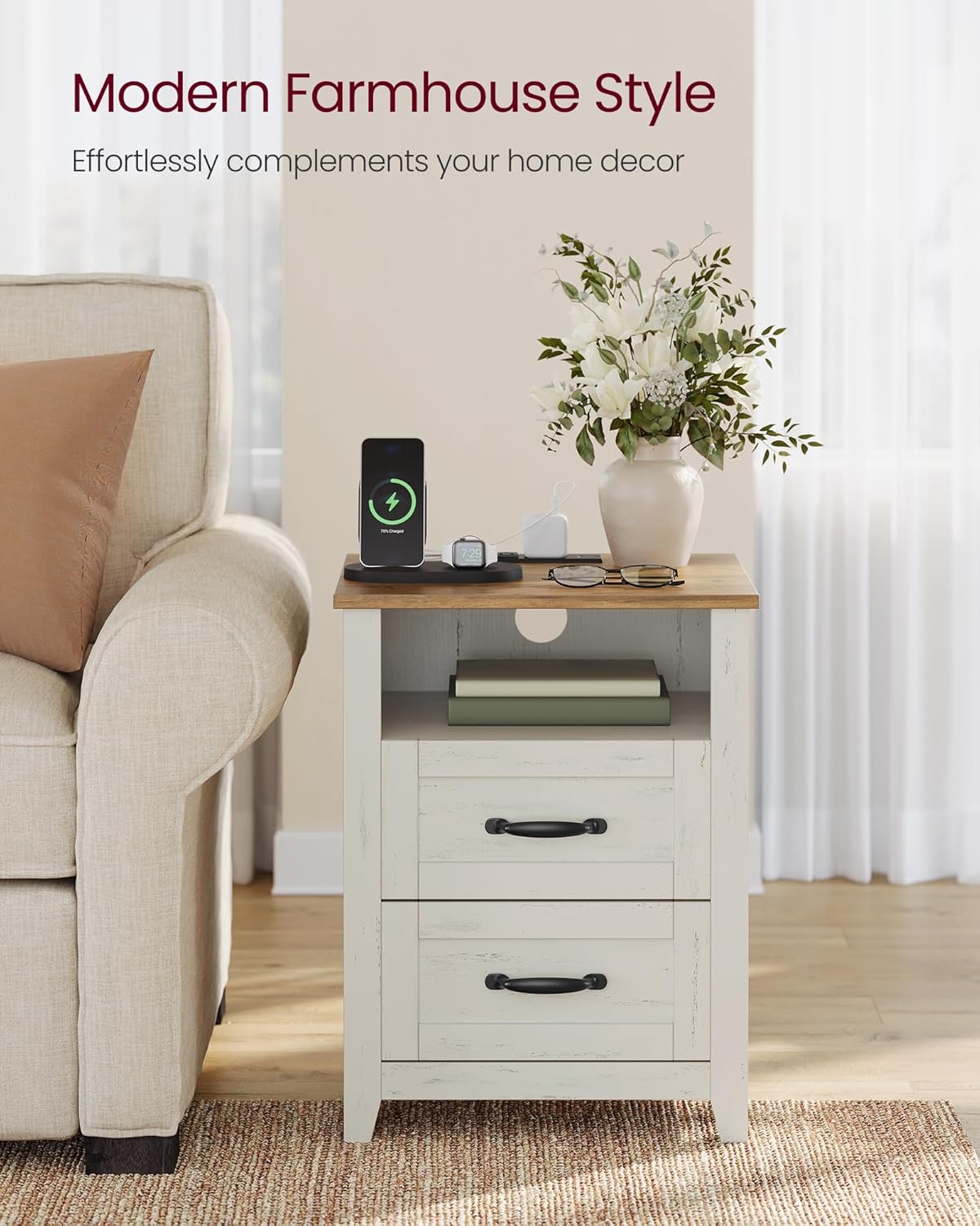 VASAGLE LIRY Collection - Farmhouse Nightstand with Charging Station, Bedside Table, Side Table with 2 Drawers, Open Compartment, for Bedroom, Rustic White and Honey Brown ULET669W0