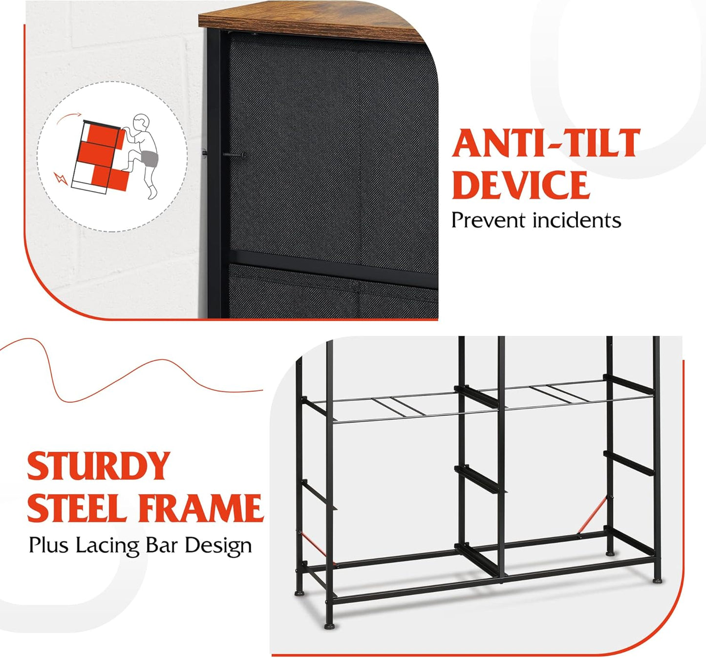 WLIVE Dresser for Bedroom with 8 Drawers, Wide Fabric Dresser for Storage and Organization, Bedroom Dressers, Chest of Drawers for Living Room, Closet, Entryway, Rustic Brown Wood Grain Print