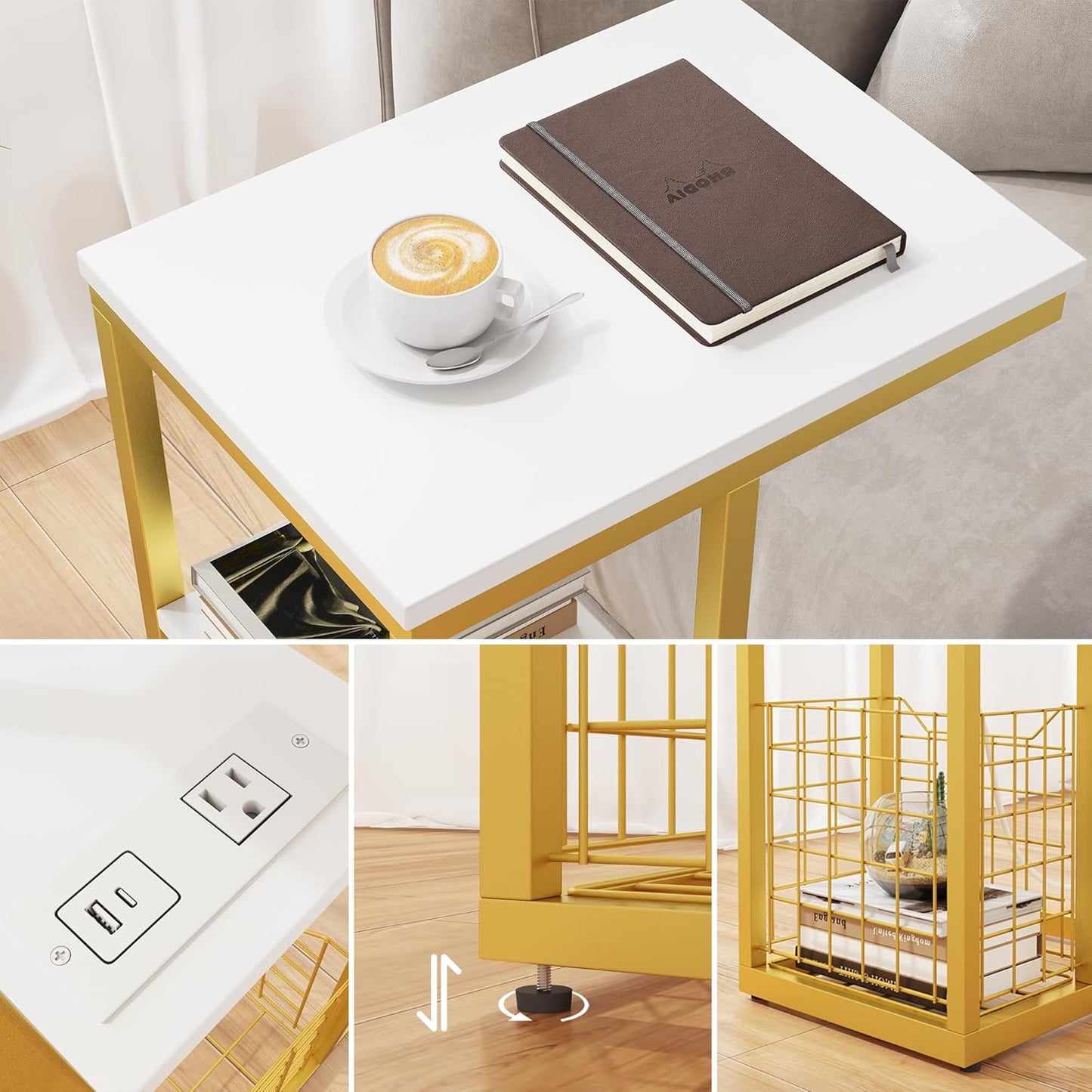 Vagusicc C Shaped End Table with Charging Station, Side Table for Couch, Small Side End Table for Small Spaces, 28" High Slide Under Sofa Table for Coffee, Tv Tray Table for Living Room, Golden