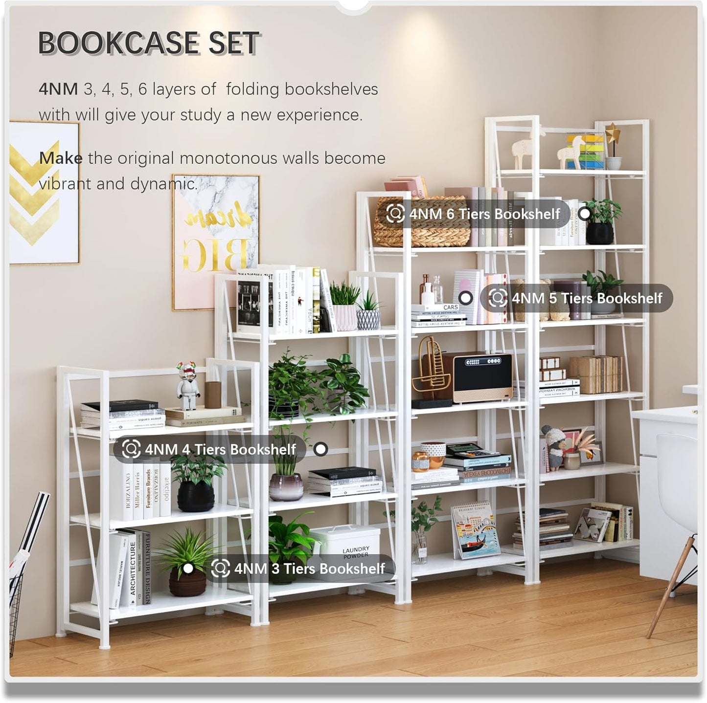 4NM No Assembly Folding Bookshelf, 6-Shelf 74" H Collapsible Foldable Bookcase Storage for Small Spaces, All White