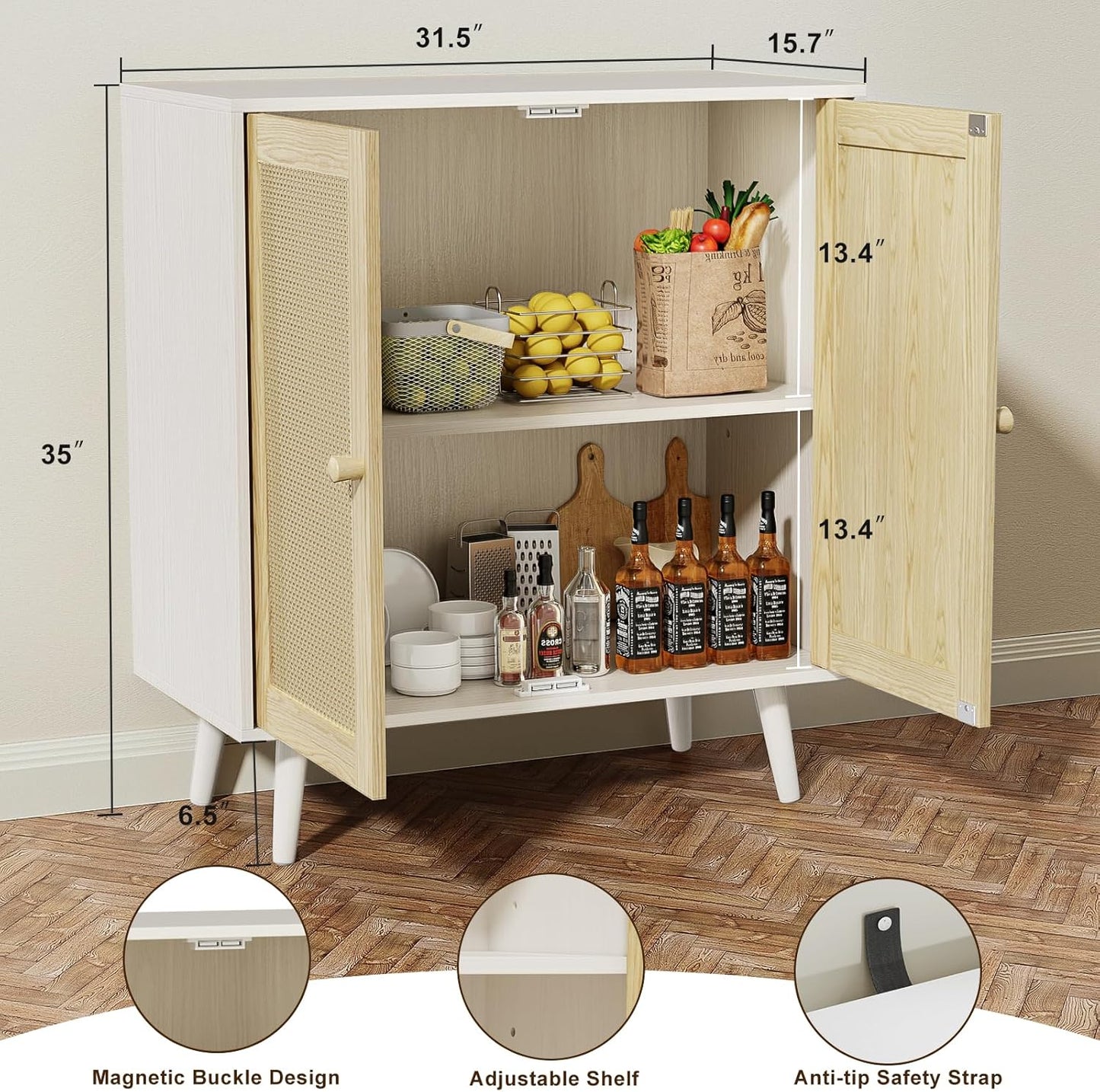 Rattan Storage Cabinet, Small Sideboard Buffets Storage Cabinet with Doors for Kitchen & Entryway Storage, White