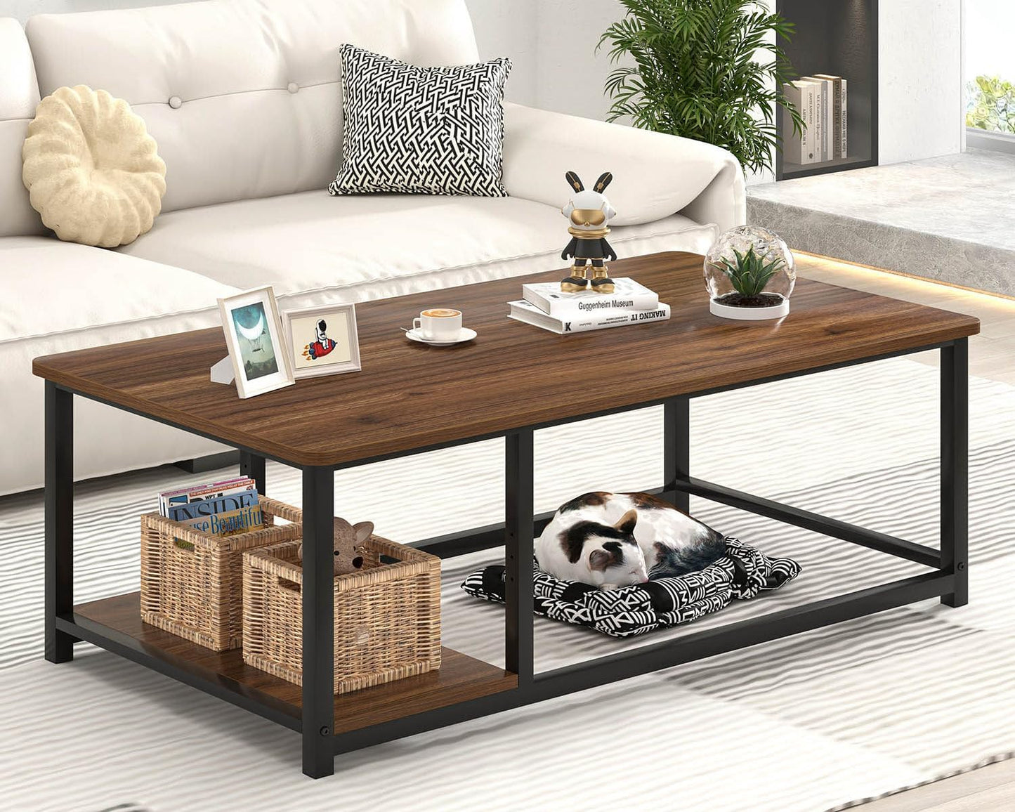 EXCEFUR Modern Coffee Table, Rustic Wood and Metal Center Table for Living Room, Industrial Rectangle Cocktail Tea Table with Storage Shelf, Walnut, 47 Inch
