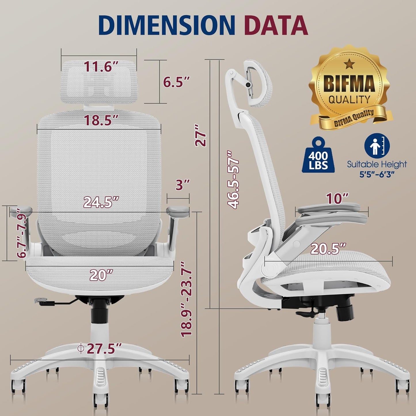 GABRYLLY Ergonomic Office Chair, High Back Home Desk Chair with Headrest, Flip-Up Arms, 90-120° Tilt Lock and Wide Cushion, 400LBS Mesh Chairs for Man Woman, White Task Chair(Grey,GY01WG)