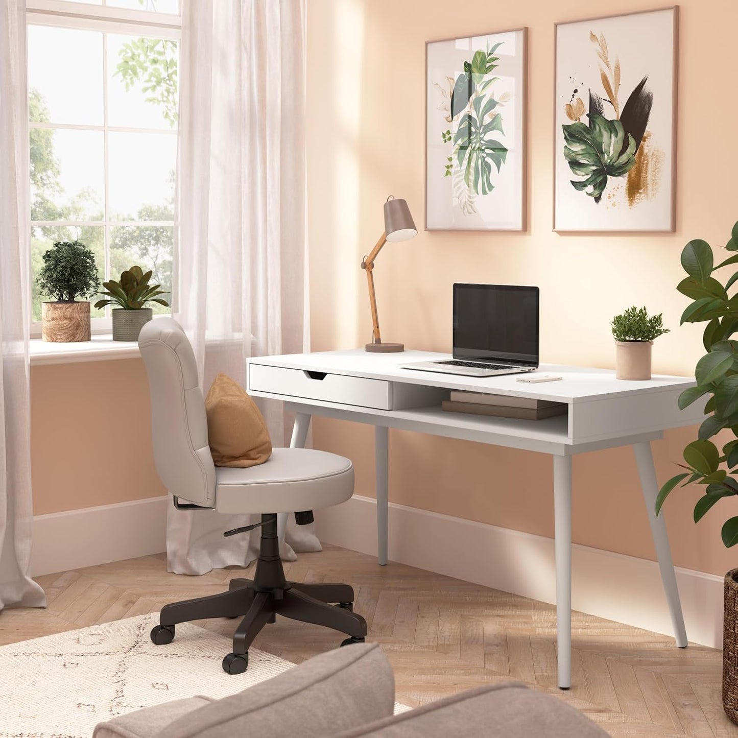 Bush Furniture Nora 54W Writing Desk in Pure White | Computer Table for Home Office Workspace or Entryway