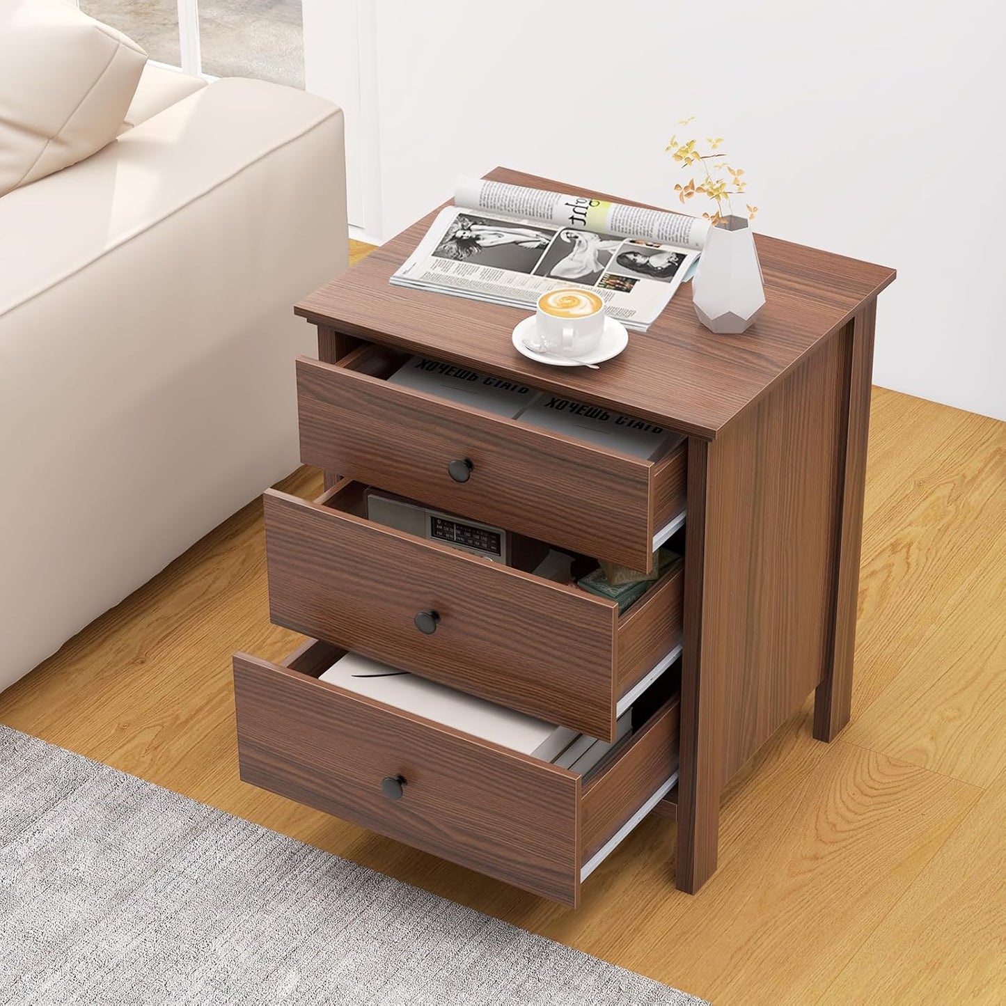 KOMFOTT 3 Drawers Nightstand, Wooden Bedside Table, Modern Sofa Side End Table, Space-Saving Telephone Table, Chest of Drawers for Living Room, Bedroom & Office (1, Walnut)