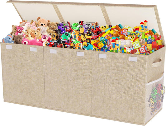 Extra Large Toy Box, Collapsible Sturdy Kids Toy Chest for Boys, Girls, 40"x14"x16" Storage Organizer Toddler Storage Bins with Lids, Toybox Basket for Living Room, Bedroom, Nursery, Beige
