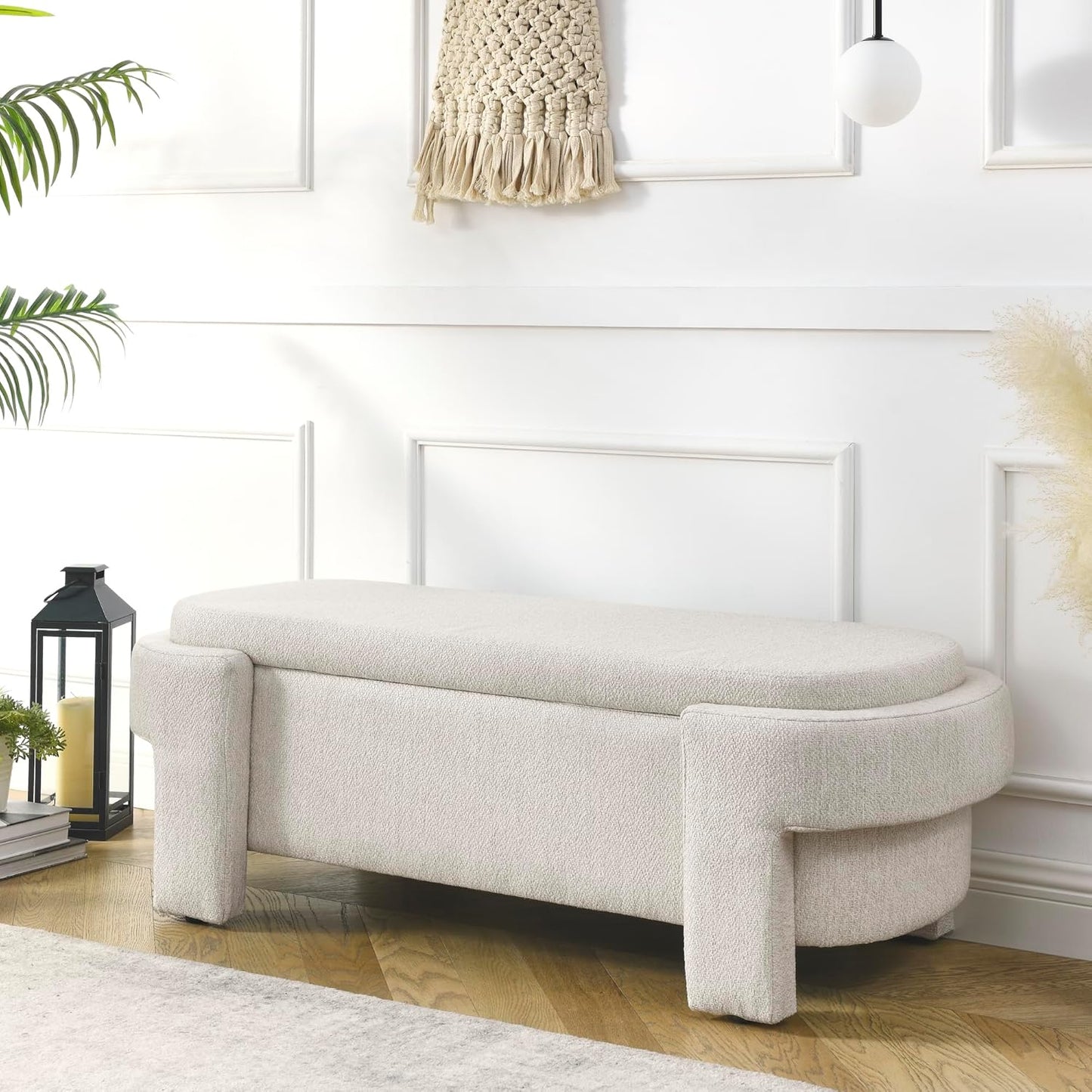 Oval Storage Bench,Upholstered Ottoman with Hinges,Easy to Install,for Living Room,Entryway,Bedroom,Beige