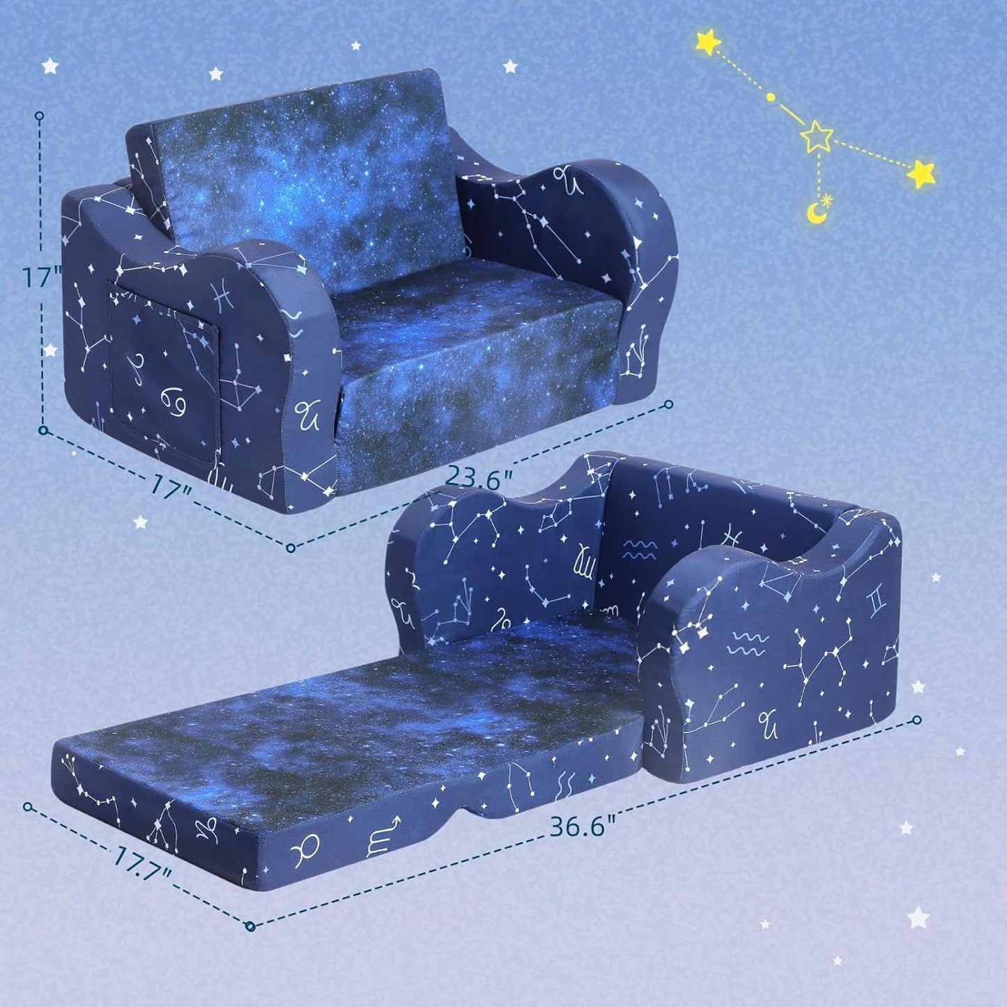 Constellation Kids Sofa, 2-in-1 Kids Couch Fold Out, Convertible Sofa to Bed for Girls and Boys