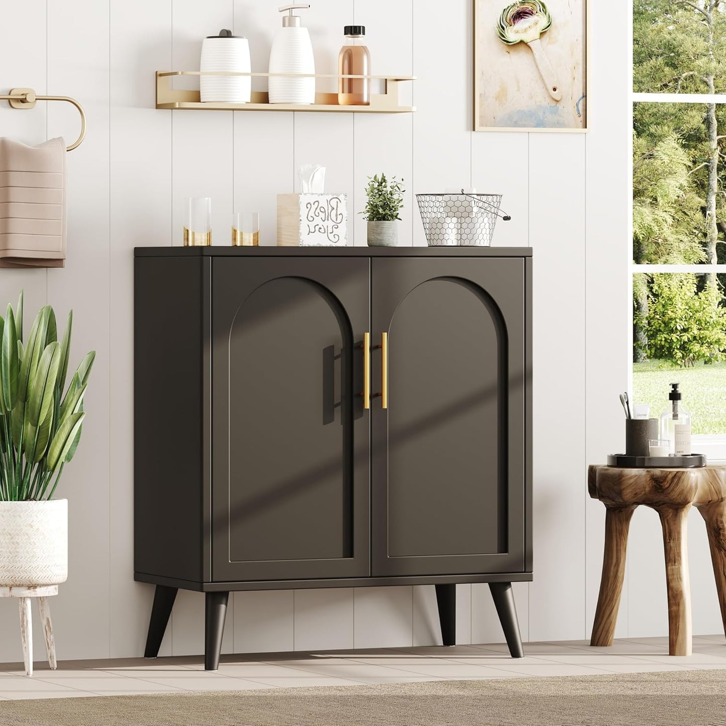 Rovaurx Rattan Storage Cabinet with Doors, Accent Bathroom Floor Cabinet, Modern Sideboard Buffet Cabinet for Living Room, Entryway, Dining Room and Kitchen, Black BMGZ108B