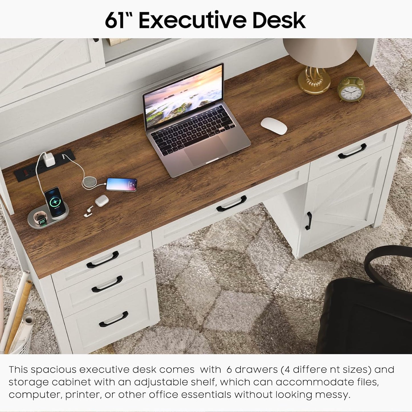 67''H Farmhouse Executive Desk with Hutch & 5 Drawers, Rustic Office Desks Computer Desks with Charging Station, File Drawers and Storage Cabinets, Wood Workspace for Home Office,Unique White.