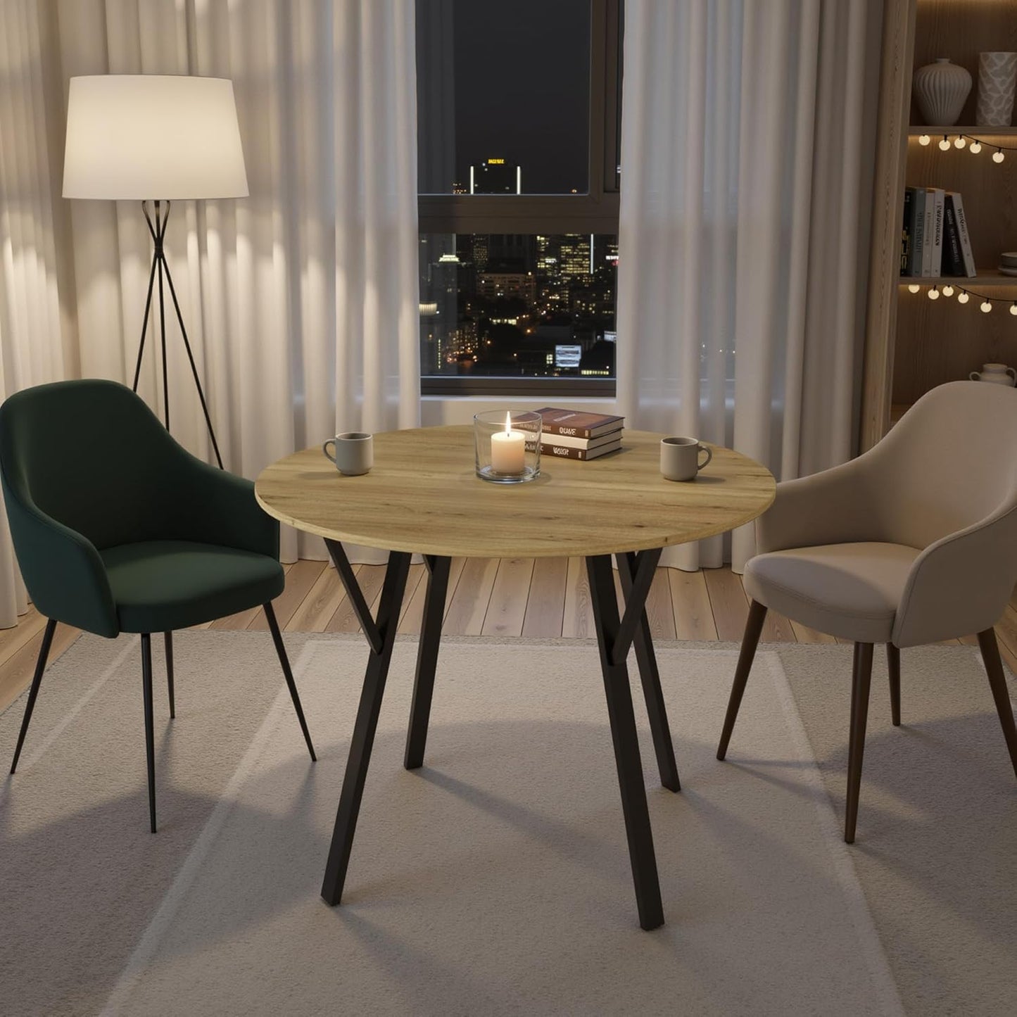 35" Round Dining Table for 4, Modern Small Circle Dinner Table Farmhouse Round Kitchen Tables with Metal Legs for Dining Room, Kitchen, Living Room, Light Brown & Black